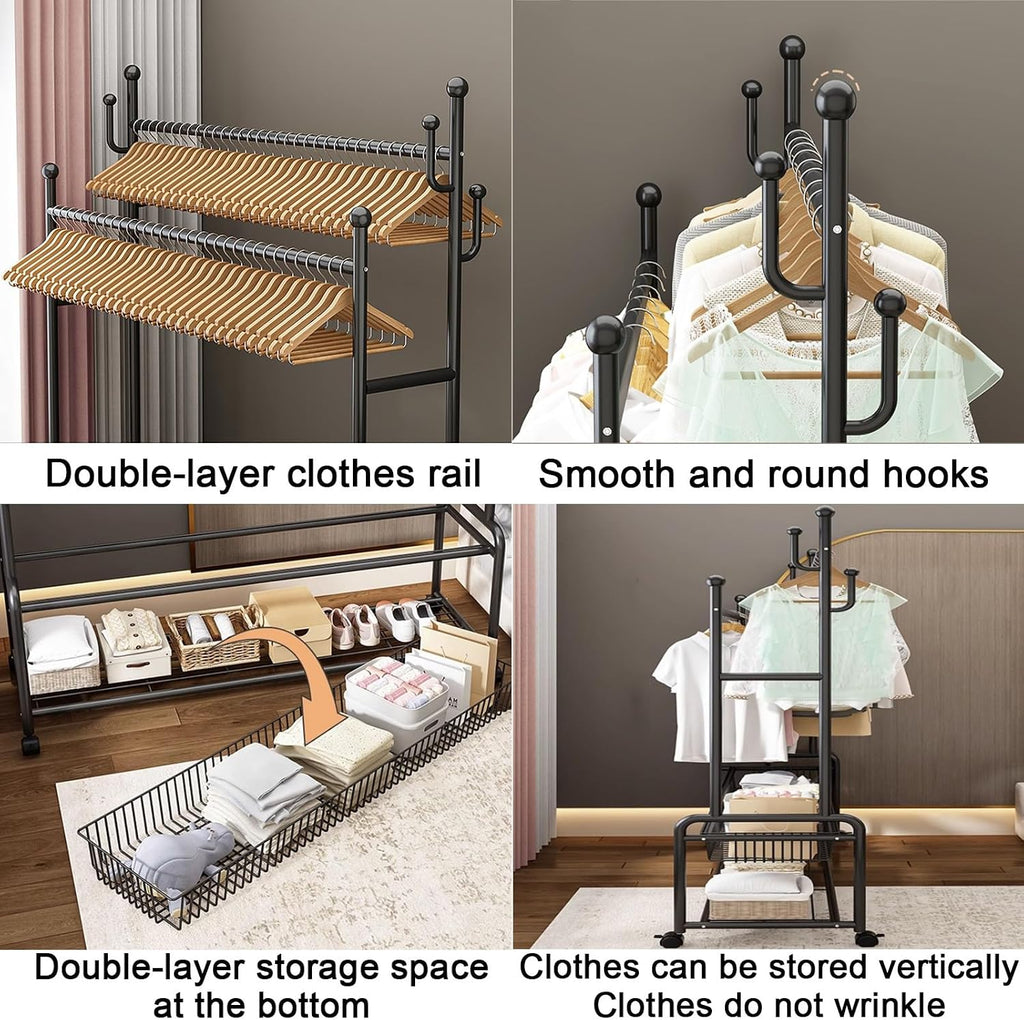 Portable Clothes Rack For Hanging Clothes,Metal Garment Rack With Storage Shelves And Coat/Hat Hooks,Freestanding Clothing Organizer,For Bedroom Living Room,Black/Gold(Black,120cm(47.2in))