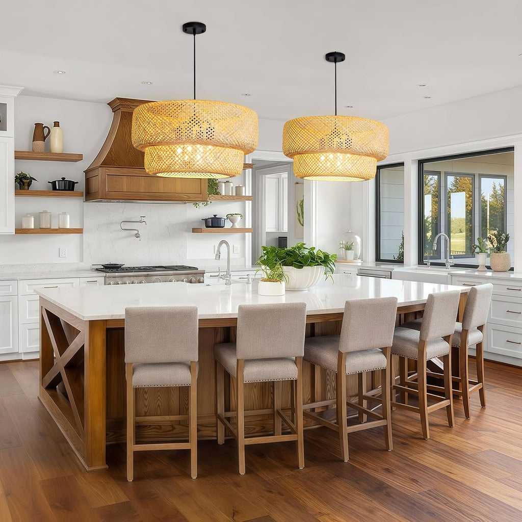 23.62' Bamboo Pendant Light,Boho Rattan Hanging Light,Hand Woven Wicker Chandelier for Kitchen Island for Kitchen Island Dining Bedroom Living Room Restaurants