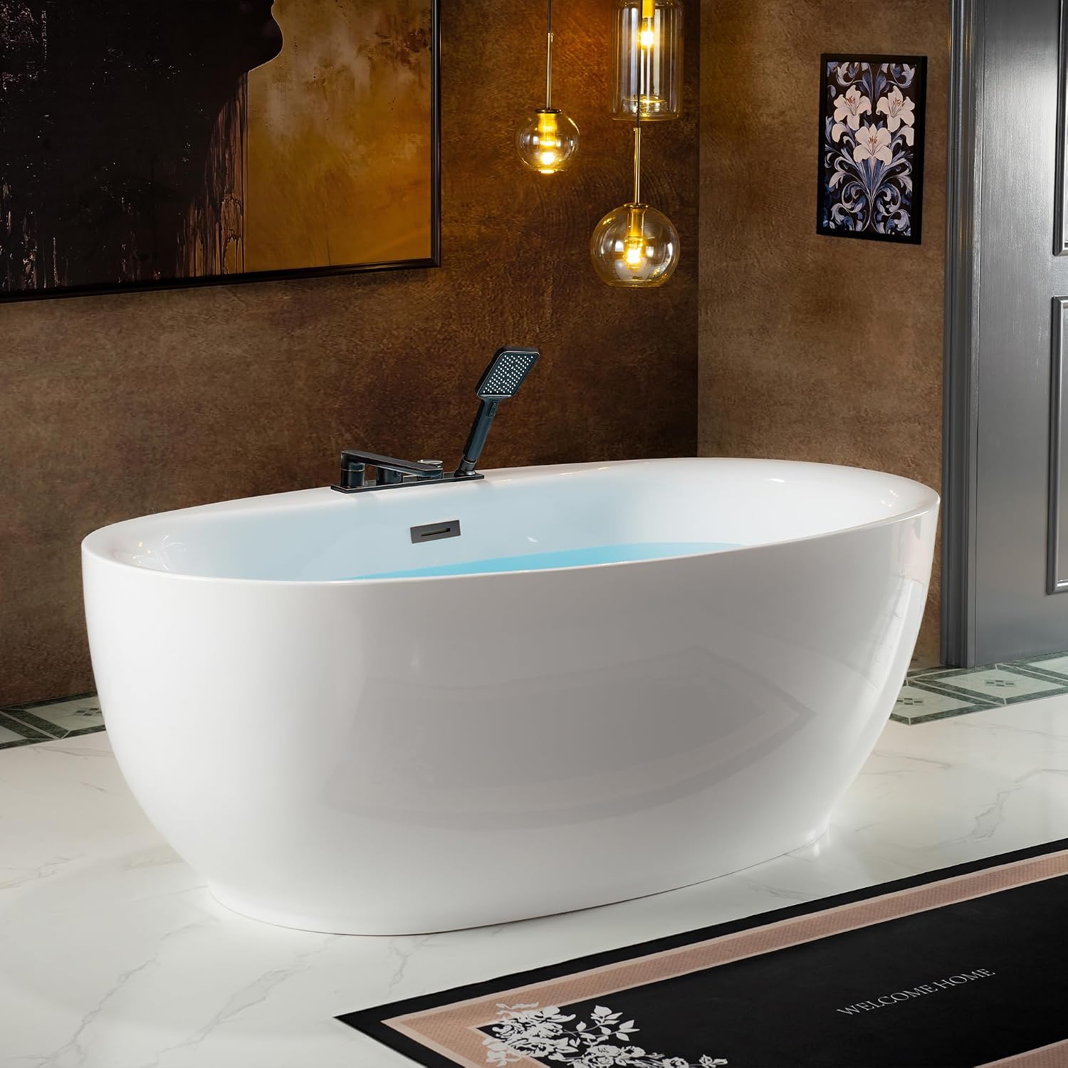 WOODBRIDGE 66' Acrylic Freestanding Bathtub Contemporary Soaking White Tub with F0044 Deck-Mount Faucet in Oil Rubbed Bronze