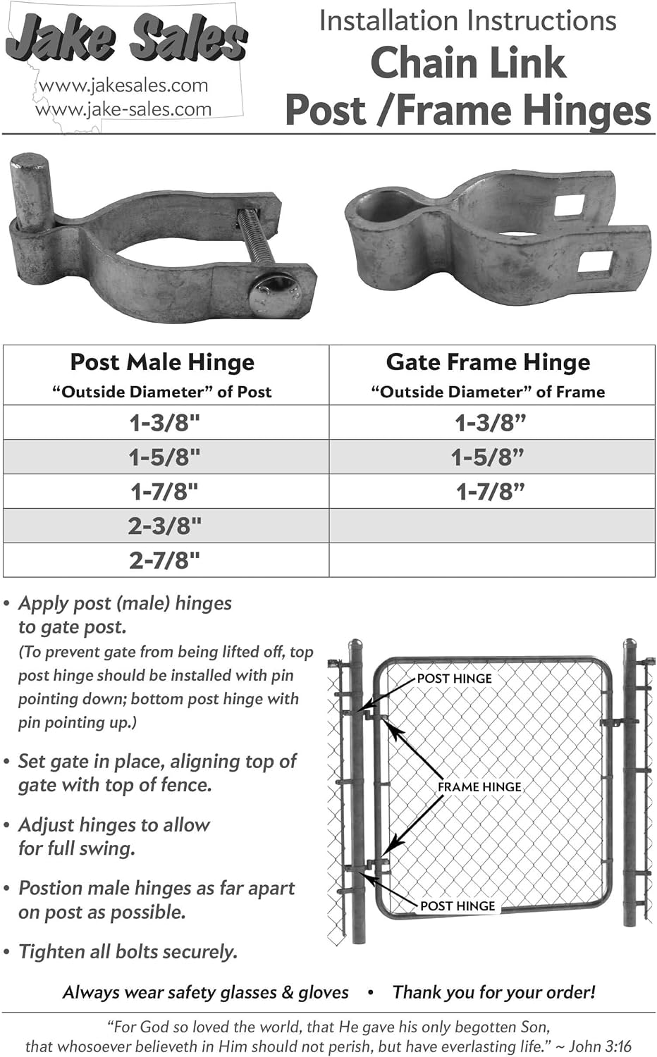 1-3/8' Chain Link Fence Gate Frame Hinge - Nut/Bolt Included for Hinge - CASE Qty 100