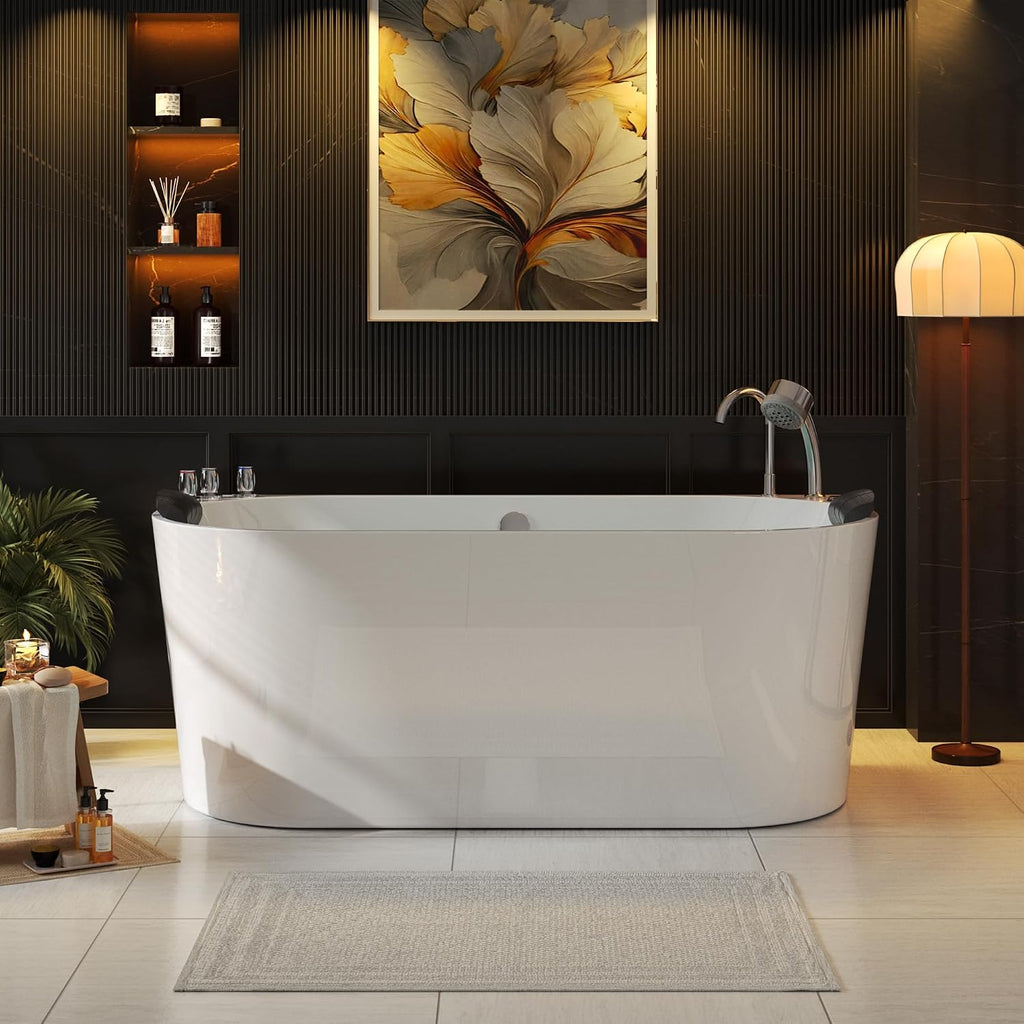Empava 59 in. Acrylic Freestanding Tub Hydromassage Gracefully Oval Shaped Whirlpool 8 Water Jets Soaking SPA, Double-Ended Massage Bathtub with Two Black Pillow