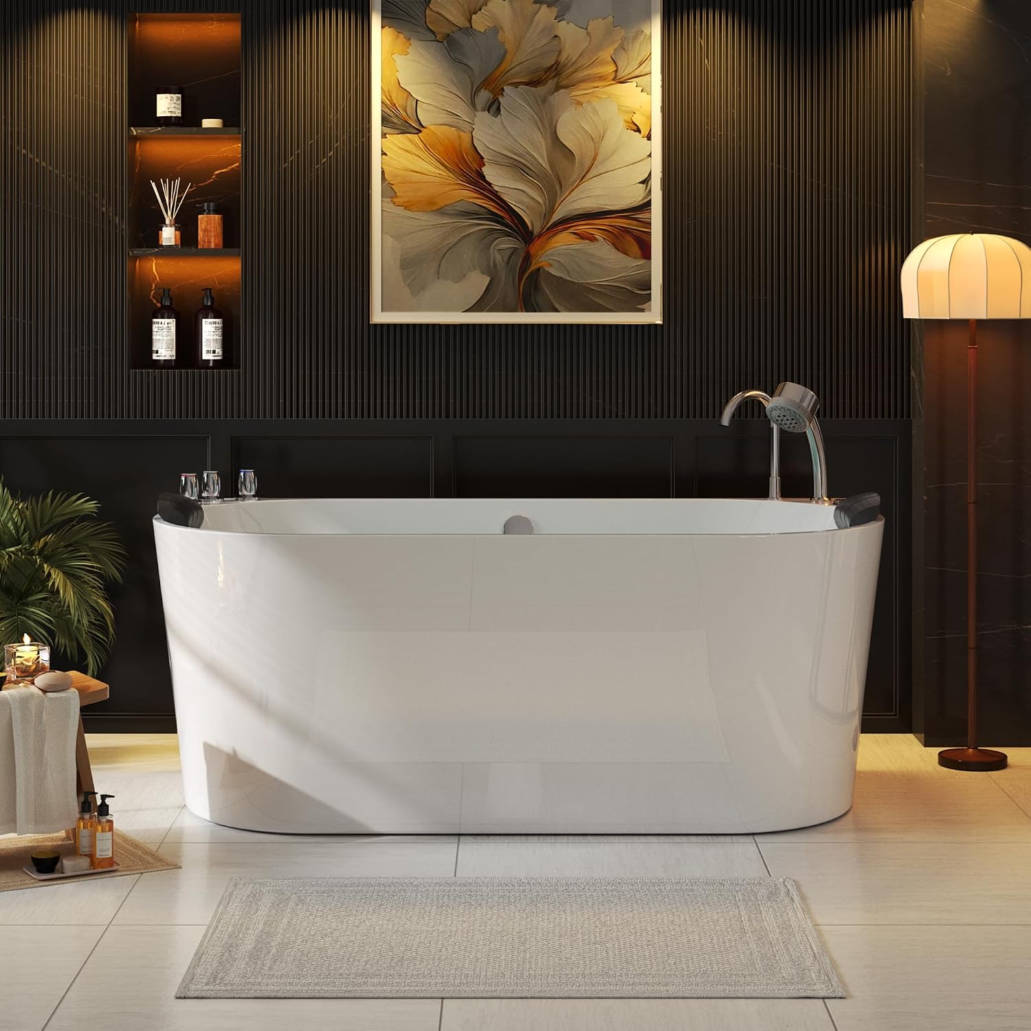 Empava 67 in. Acrylic Freestanding Tub Hydromassage Gracefully Oval Shaped Whirlpool 8 Water Jets Soaking SPA, Double-Ended Massage Bathtub with Two Black Pillow