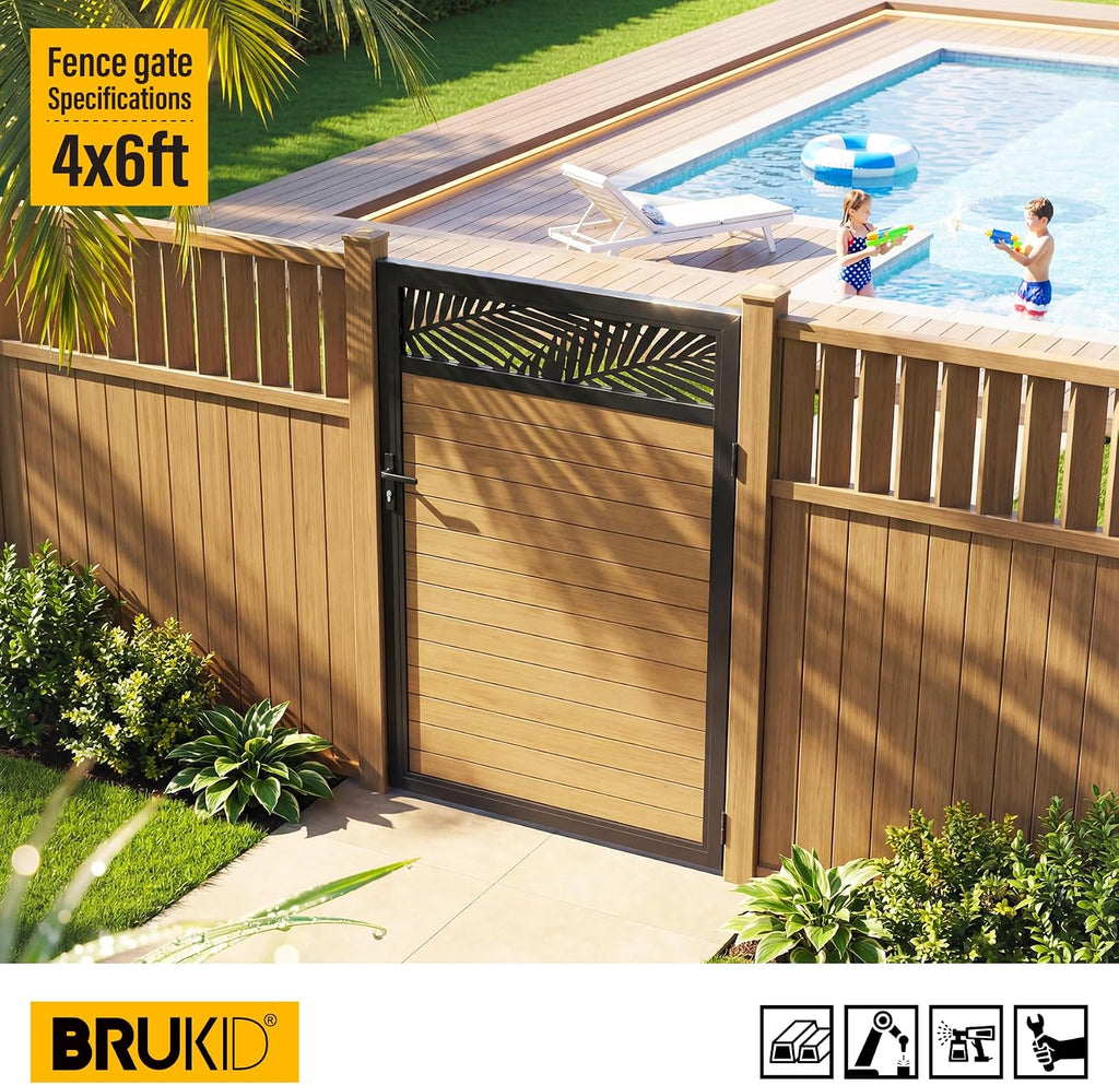 4x6 FT Aluminum Fence Gate Kit Wood Grain Aluminum Gate with Decorative Cutout, Lock & Hinges, Left/Right Opening, Weather Resistant for Yard Garden Patio