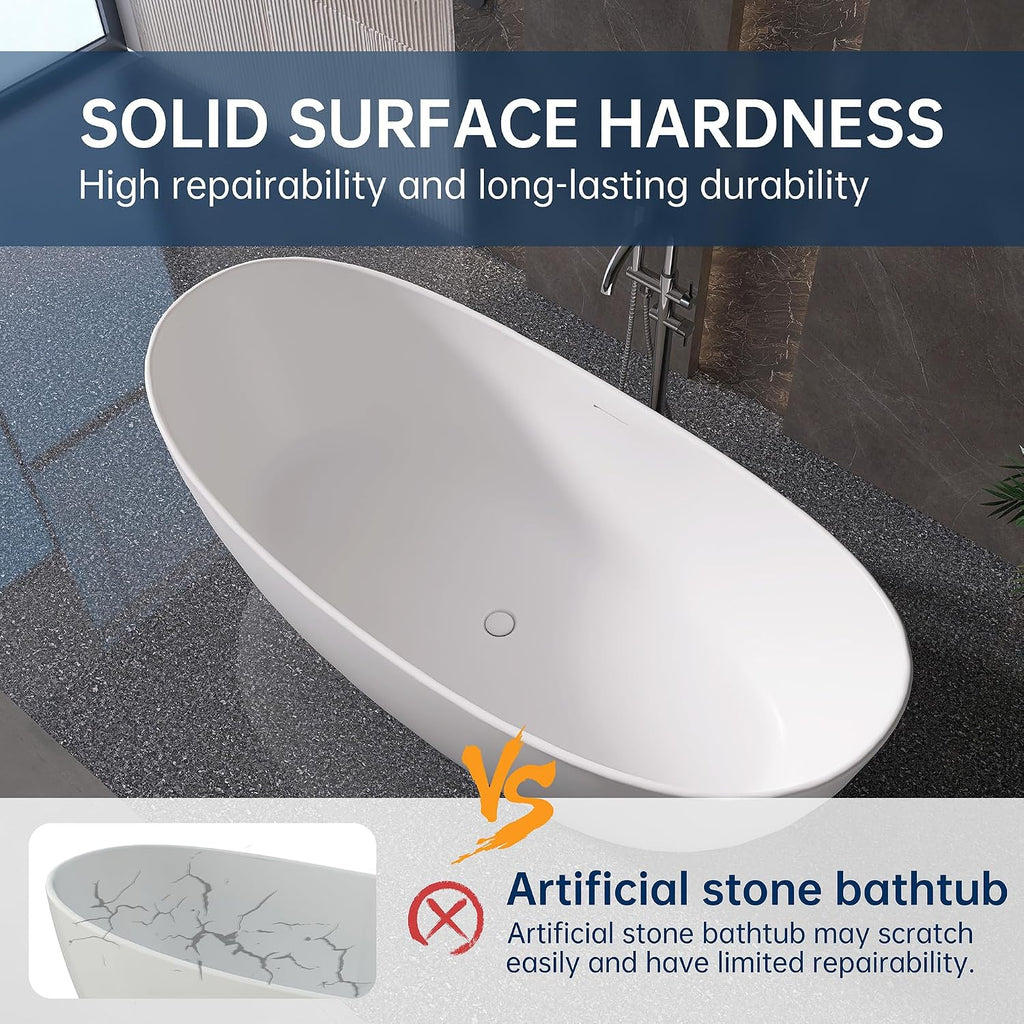73'' Freestanding Bathtub, Stone Resin Free Standing Tub, High-Back Soaking Tub, Contemporary Design Stand Alone Tub with Pop-up Drain and Overflow, 2 Person Bathtub