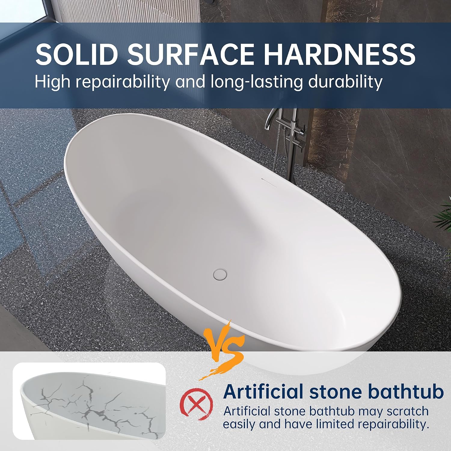 73'' Freestanding Bathtub, Stone Resin Free Standing Tub, High-Back Soaking Tub, Contemporary Design Stand Alone Tub with Pop-up Drain and Overflow, 2 Person Bathtub