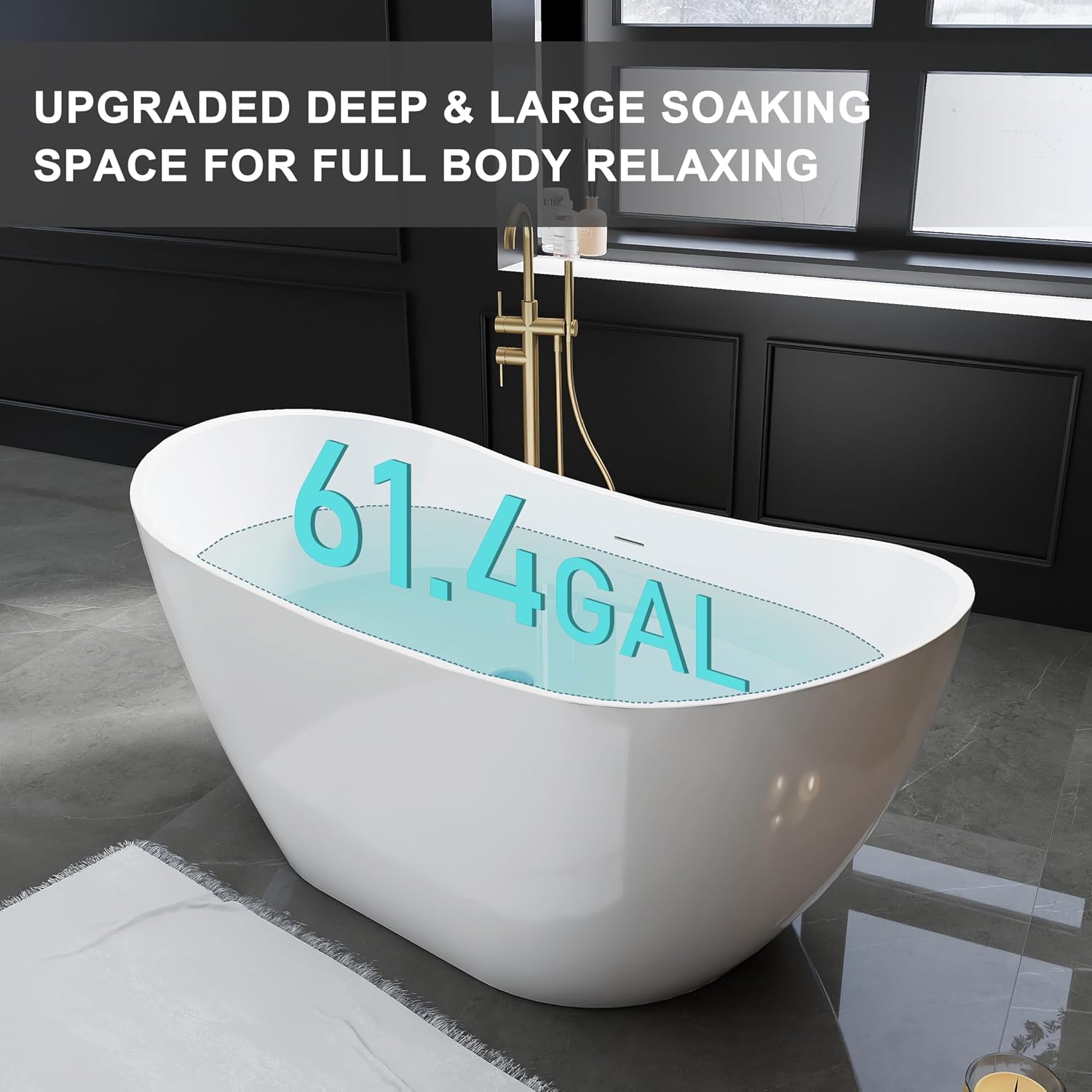 60' Acrylic Freestanding Bathtubs, High-back Stand Alone Tub, Soaking Tubs for Bathroom, Integrated Overflow and Drain, cUPC Certified, Gloss White