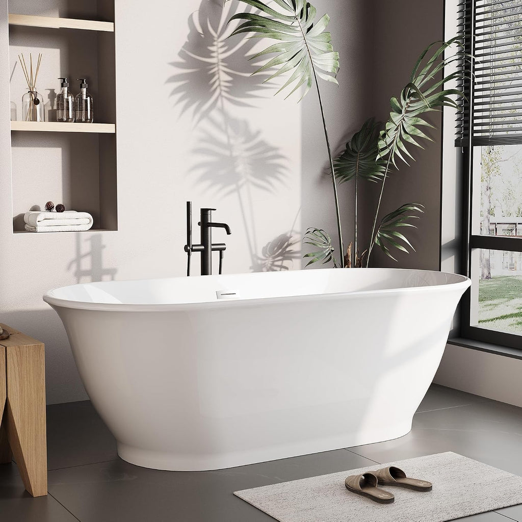 59' Oval Freestanding Bathtub, Acrylic Soaking Tub with Overflow, Matte Silver Drain, Modern Stand Alone Tub, Deep Free Standing Bath Tub for Bathroom, Hotel, Easy Install, CUPC Certified, White