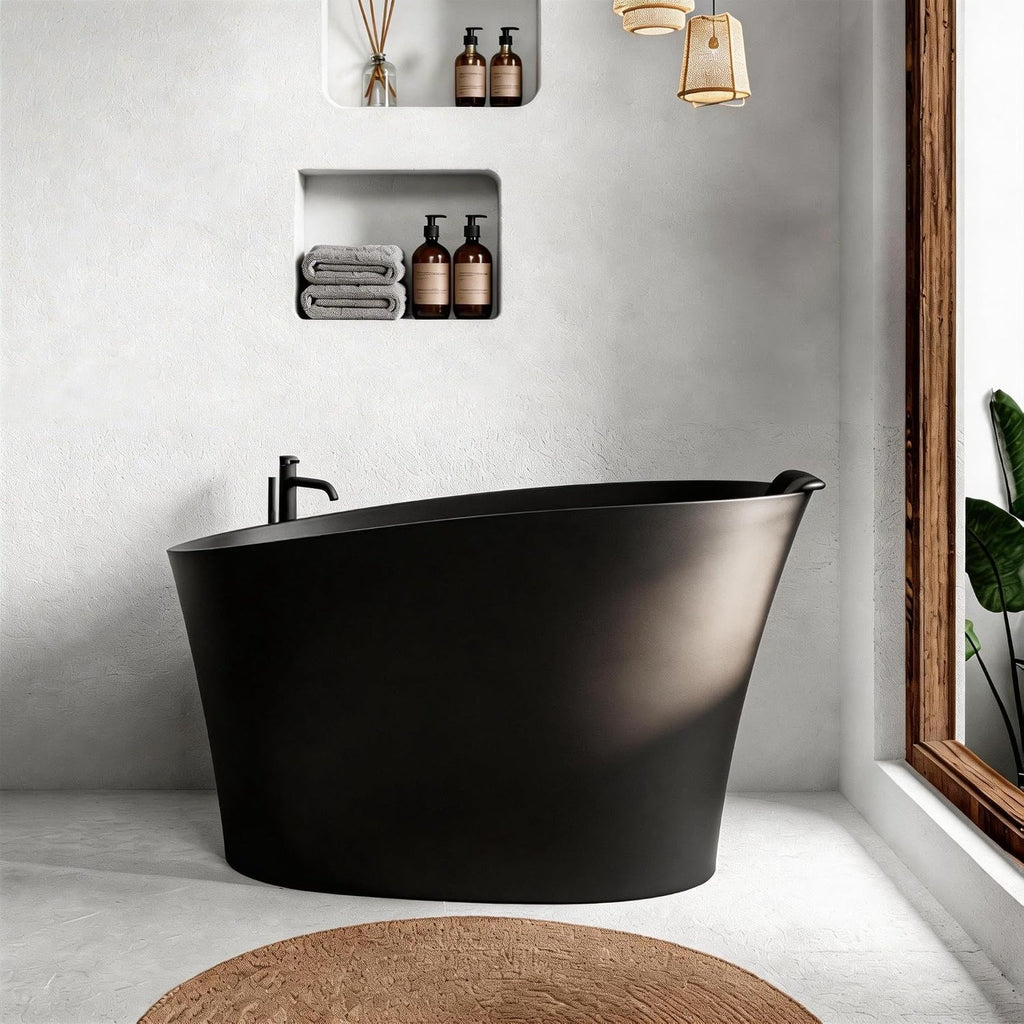 51'Freestanding Thermostatic Bathtub, Solid Surface Japanese Soaking Tub with Integrated Seat Cushion and Headrest, Includes Overflow and Drain Assembly, Oval Black(Black-51')