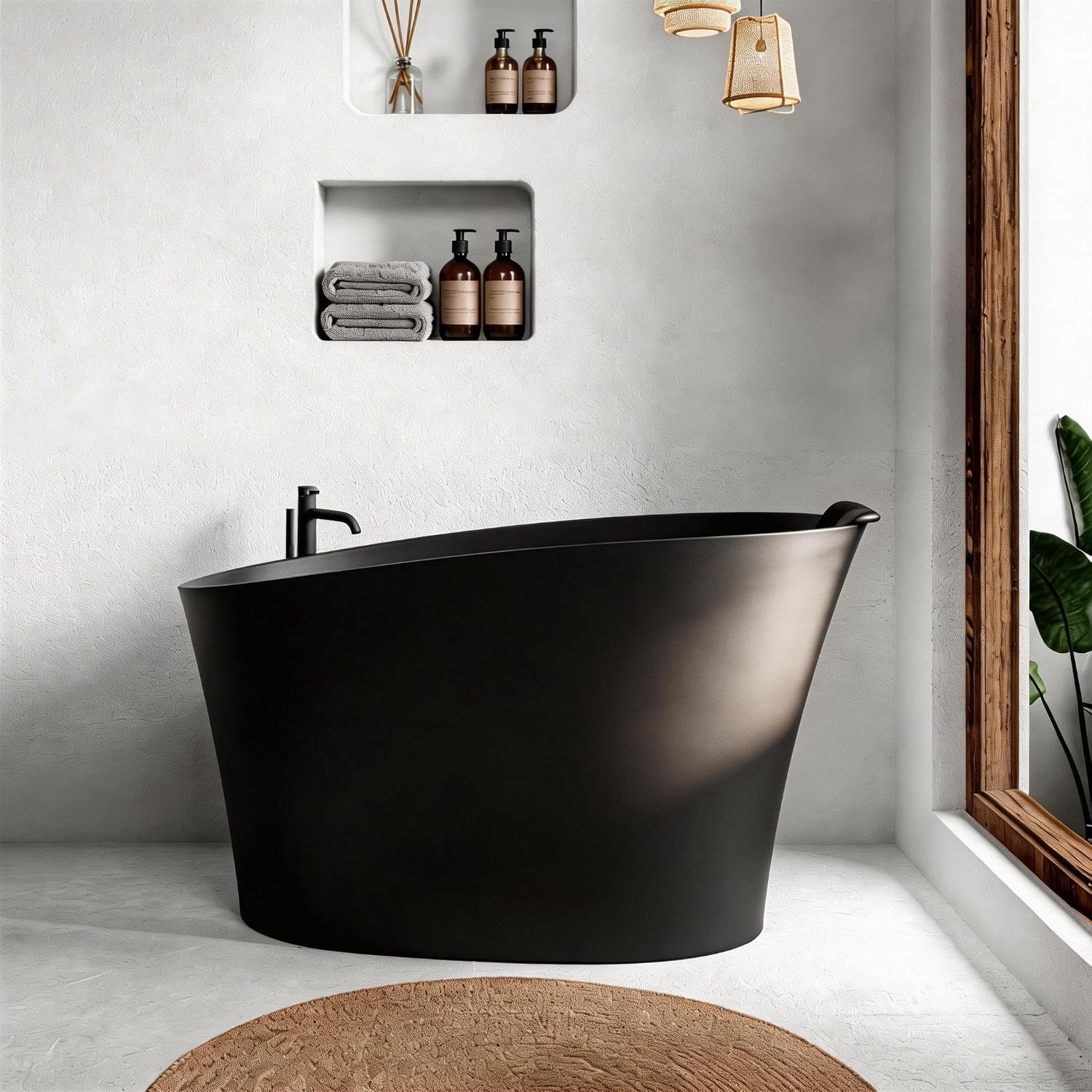 51'Freestanding Thermostatic Bathtub, Solid Surface Japanese Soaking Tub with Integrated Seat Cushion and Headrest, Includes Overflow and Drain Assembly, Oval Black(Black-51')