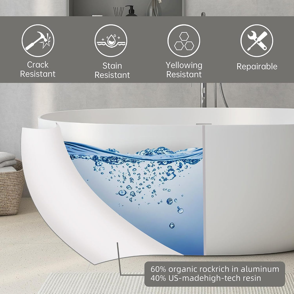 59'' Stone Resin Freestanding Bathtub, Bathroom Solid Surface Soaking Tub, Soaker Tubs Oval Shaped, Matte Luxury Modern Soaking Bathtubs with Overflow and Pop-up Drain - White