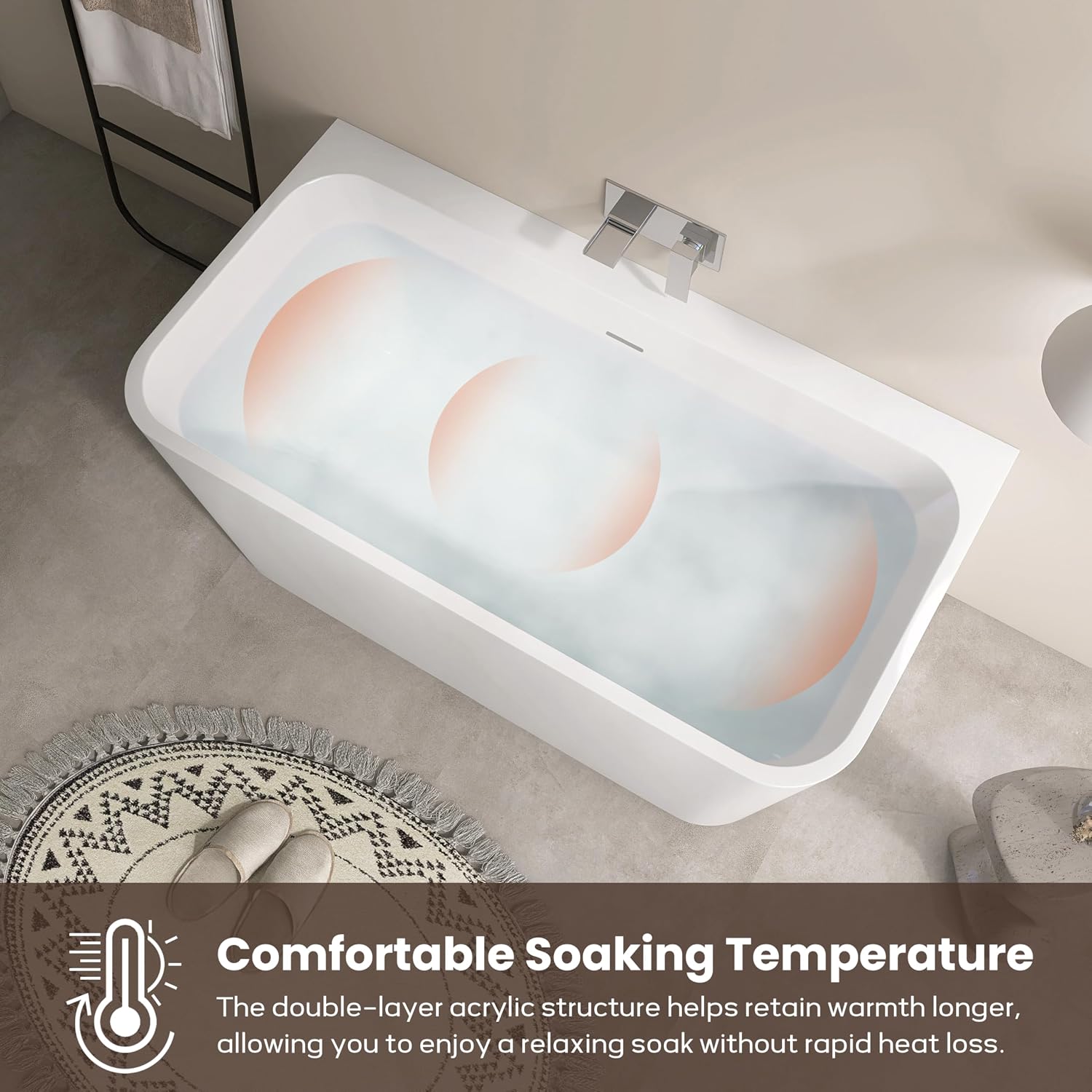 SJ STAR&JANE 55 Inch Acrylic Freestanding Bathtub,Modern Back to Wall Soaking Tub, Stand alone Acrylic Tub Integrated Center Drain & Overflow, Glossy White
