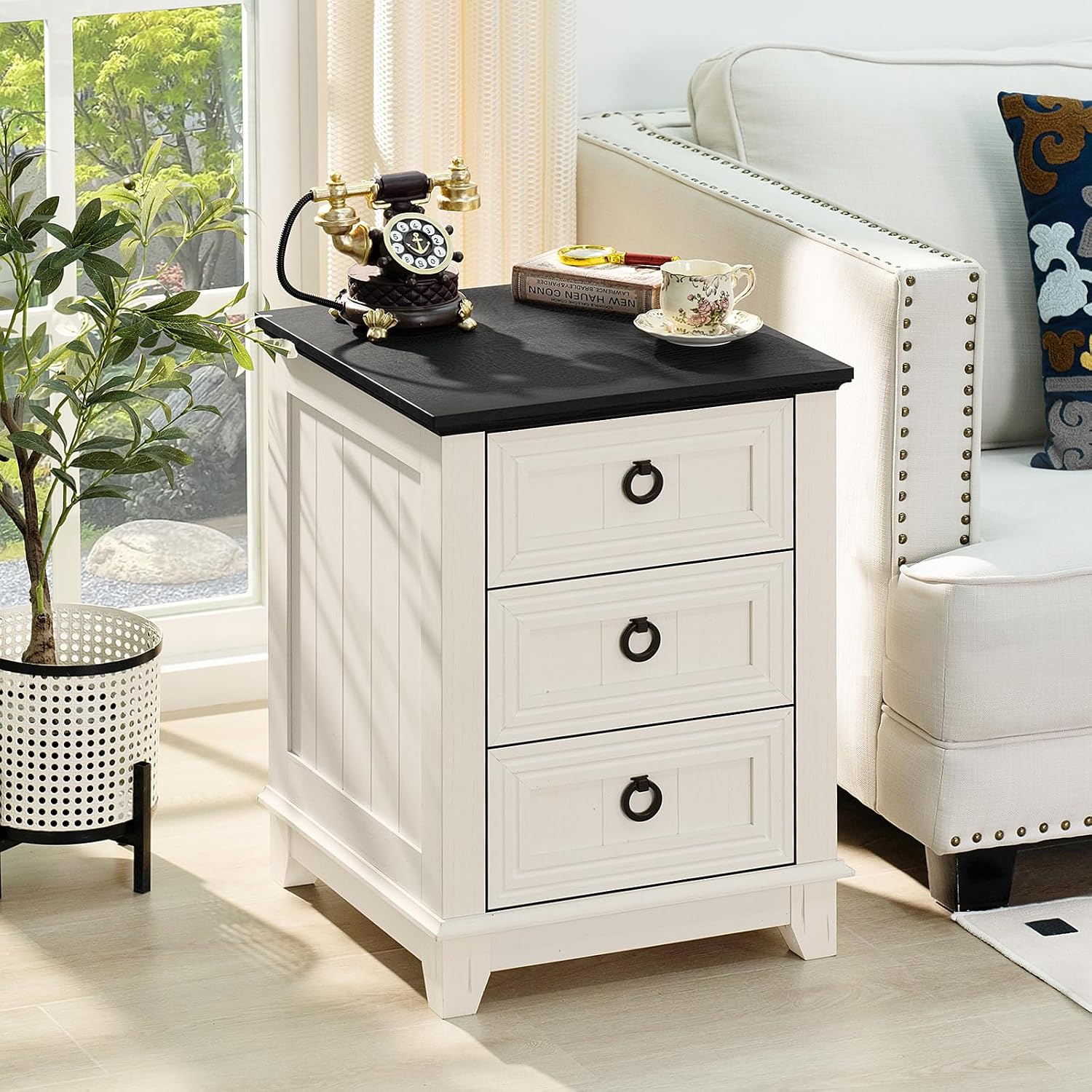 Joaxswe Farmhouse Night Stand Set of 2, 18' End Table with 3 Drawer Metal Handle, Dresser for Bedroom, Sofa Bed Side Table Chest of Drawers,Wood Nightstand Cabinet for Organizer, Living Room-White