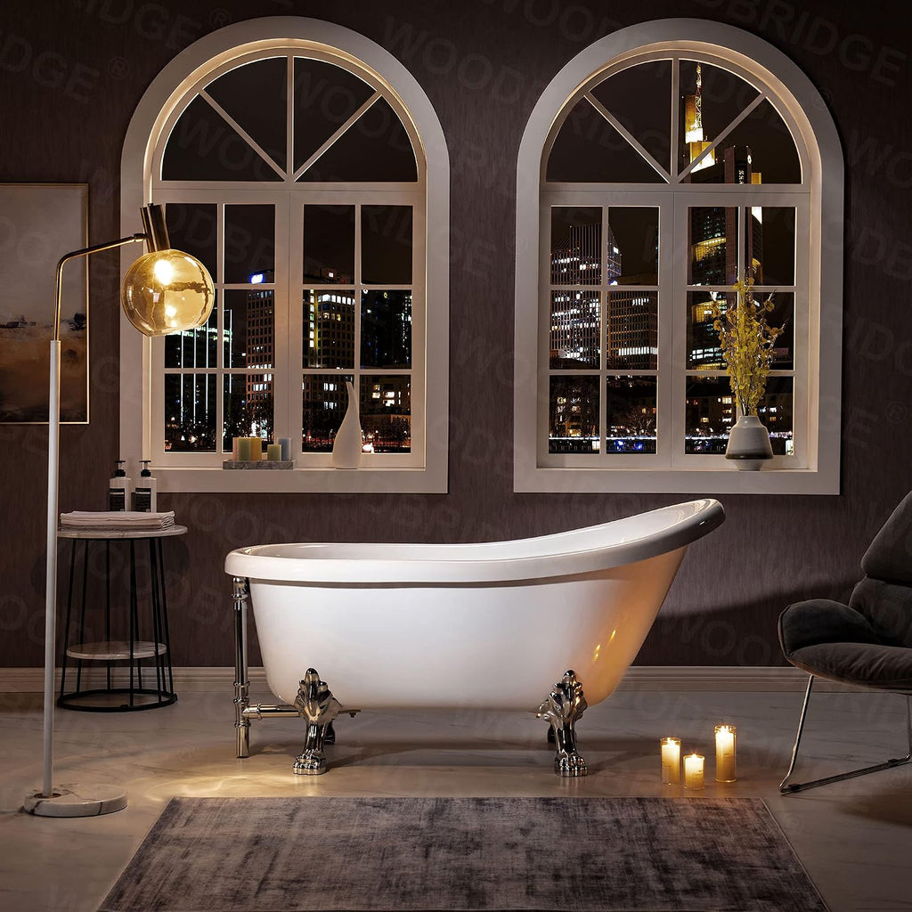 WOODBRIDGE 59' Heavy Duty Acrylic Slipper Clawfoot Bath Tub with Chrome Feet + Chrome Drain &Overflow