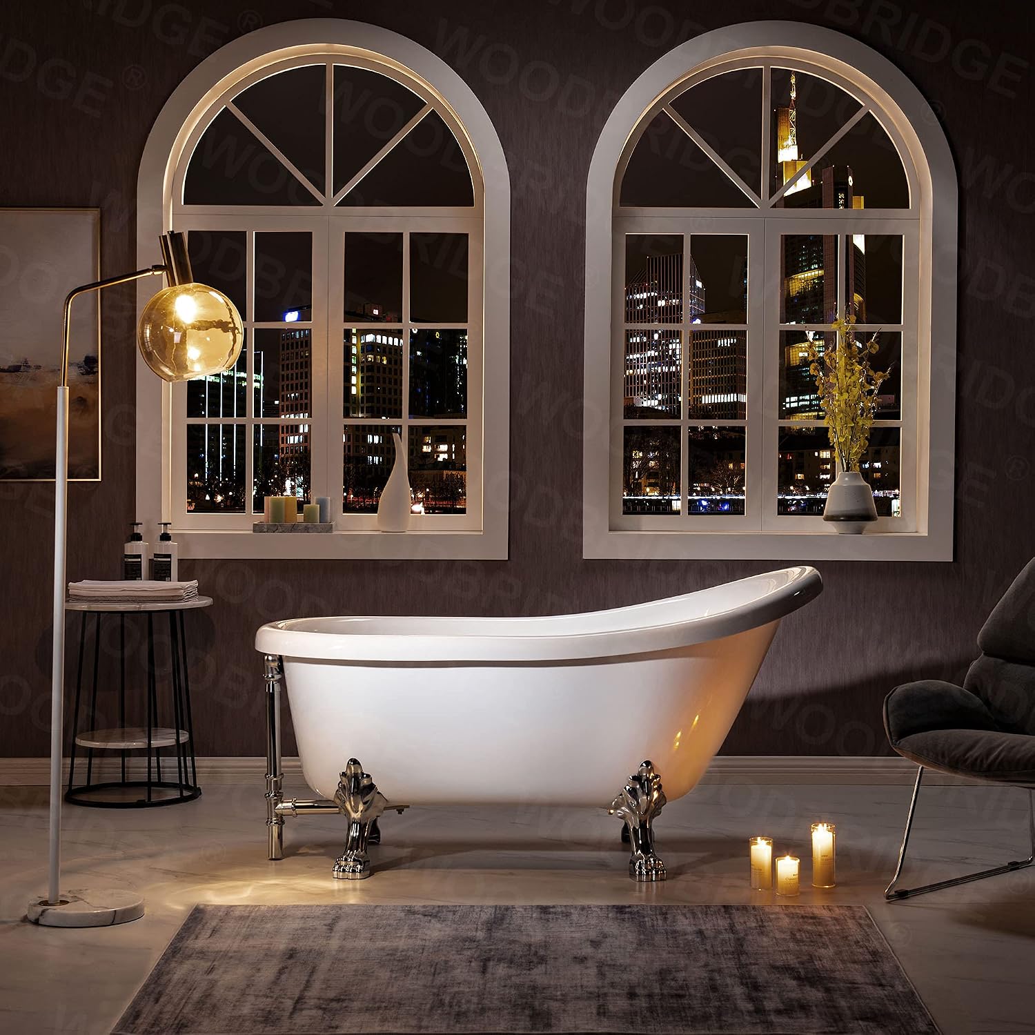 WOODBRIDGE 59' Heavy Duty Acrylic Slipper Clawfoot Bath Tub with Chrome Feet + Chrome Drain &Overflow