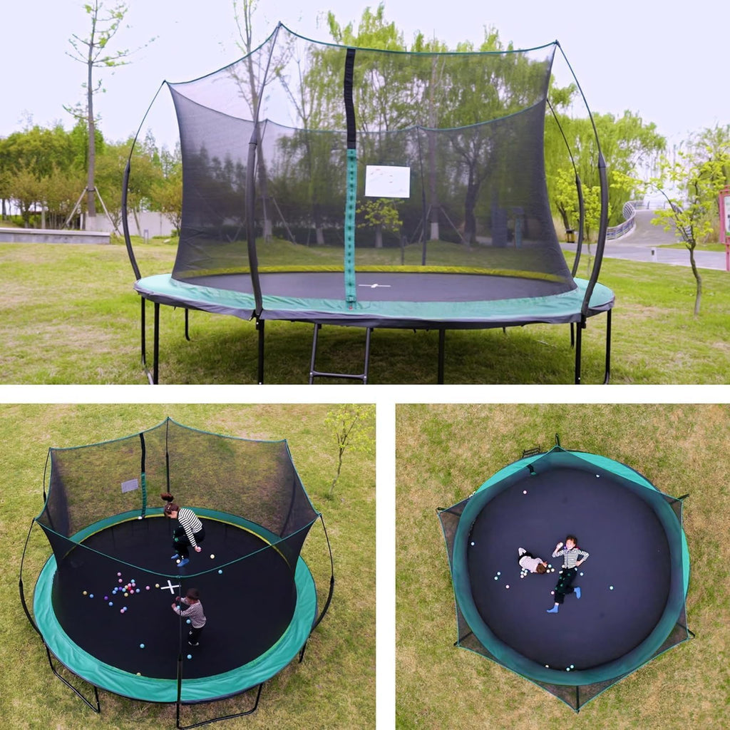 1500LBS 16FT 15FT 14FT 12 FT 10FT 8FT Tranpoline for Kids and Adults with Sprinkler, Lights with Music Speaker, Socks, Water Ball, Heavy Duty Outdoor Tranpoline with Net Enclosure and Ladder
