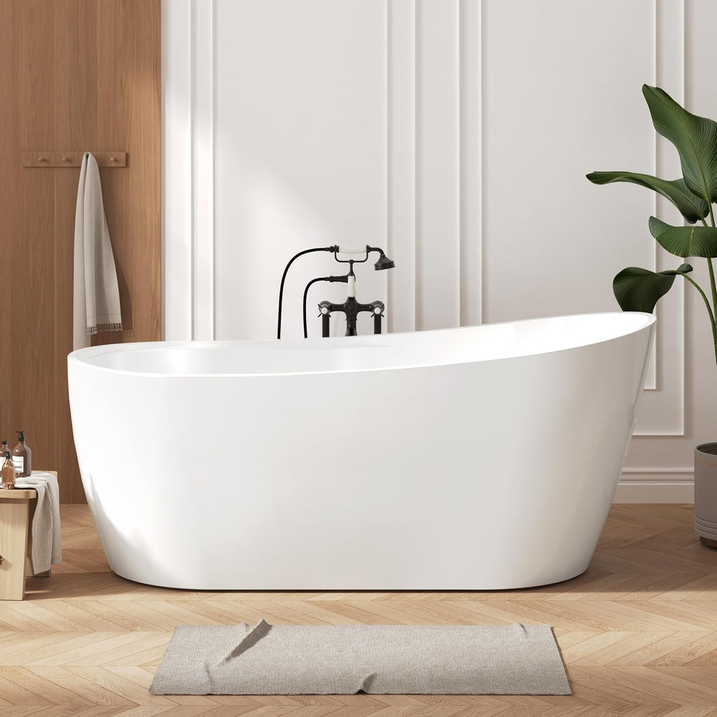 FerdY Lana'i 67' Freestanding Bathtub, Gracefully Shaped Freestanding Soaking tub, Glossy White, cUPC Certified, Brushed Nickel Drain Assembly Included