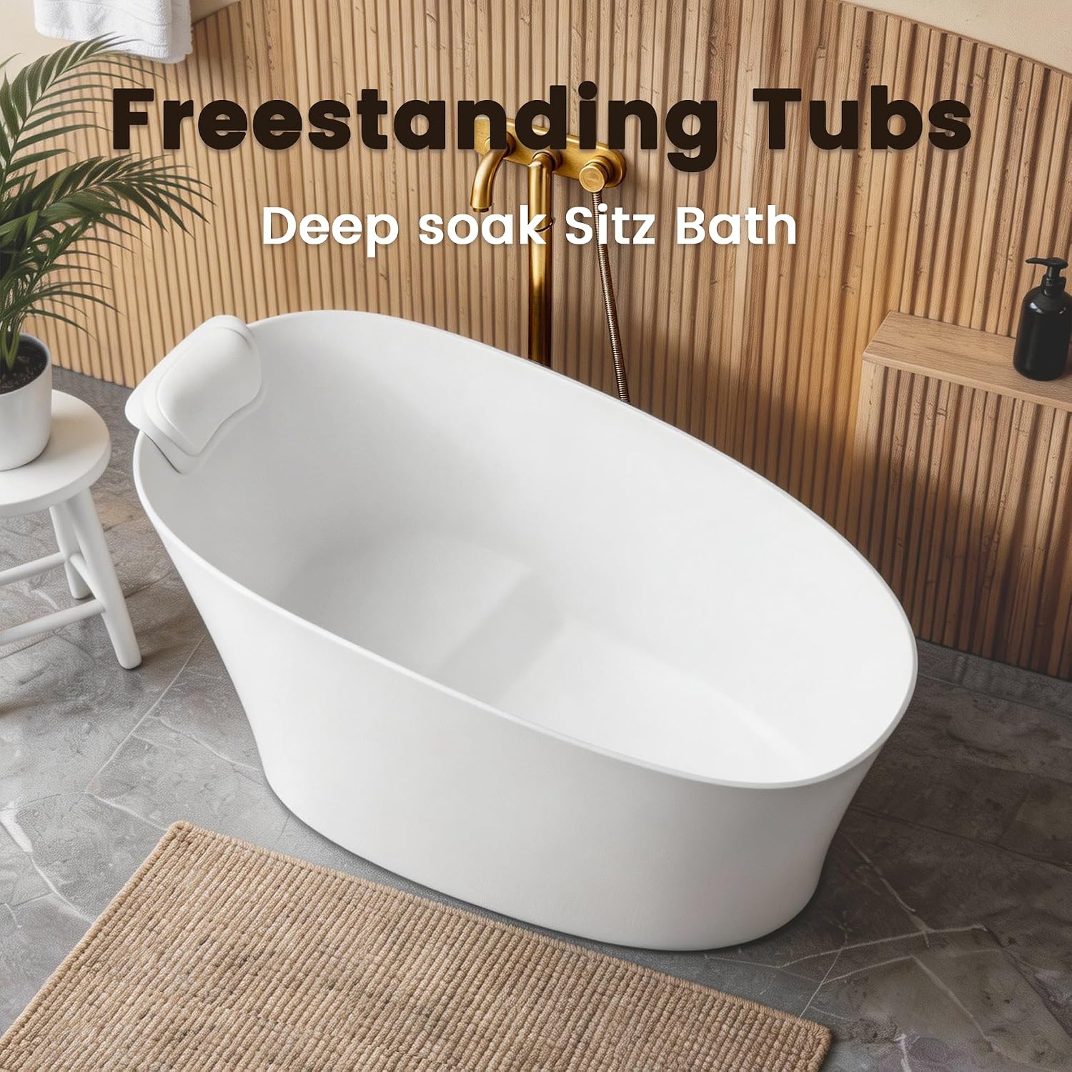 51'Freestanding Thermostatic Bathtub, Solid Surface Japanese Soaking Tub with Integrated Seat Cushion and Headrest, Includes Overflow and Drain Assembly, Oval White (White-51')