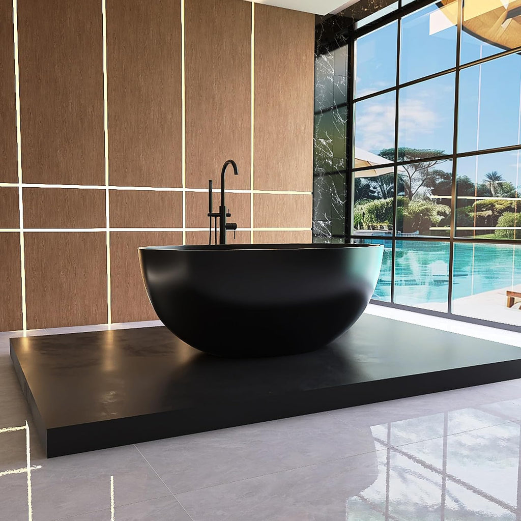 Oval 55' Freestanding Tub, Solid Surface Bathtub Matte Black | Stone Resin, Overflow and Pop up Drain, Solid Surface Bathroom Soaking Tub, Cupc Certified, Contemporary