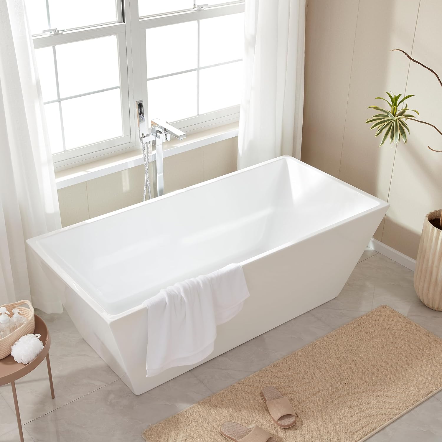 Vanity Art 59 X 30 Inch White Acrylic Freestanding Bathtub | Contemporary Design Soaking Tub with Pop-up Drain Overflow Included, UPC Certified VA6813B-S-PW