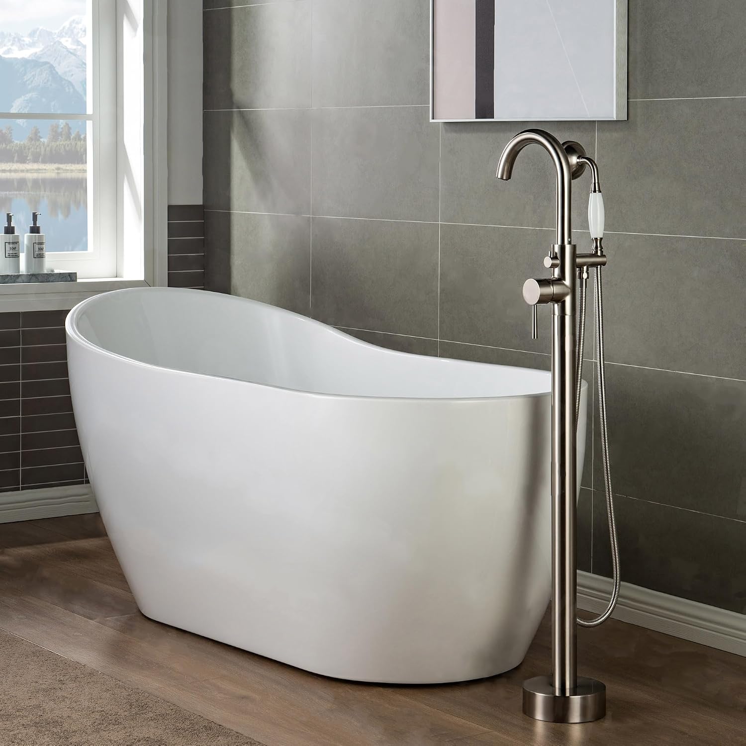 WOODBRIDGE F0001BNVT Fusion Single Handle Floor Mount Freestanding Tub Filler Faucet with Telephone Hand shower in Brushed Nickel Finish