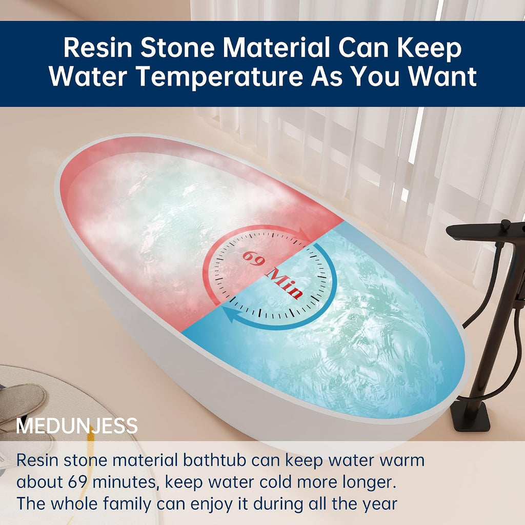 65'' Freestanding Bathtub Resin Stone Soaking Freestanding Tubs Matte Solid Surface Flatbottom Tub with Overflow and Pop-up Drain - White…