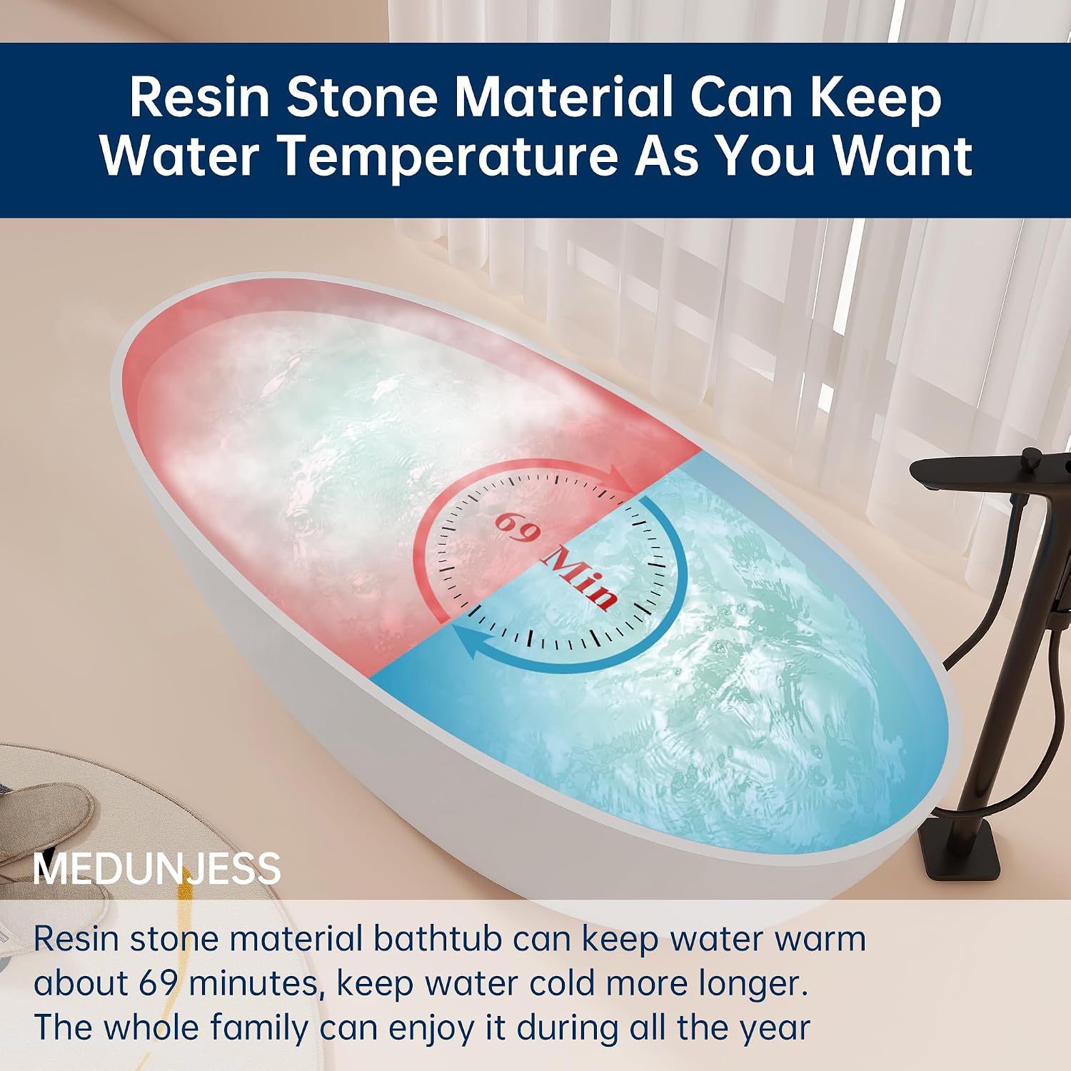65'' Freestanding Bathtub Resin Stone Soaking Freestanding Tubs Matte Solid Surface Flatbottom Tub with Overflow and Pop-up Drain - White…
