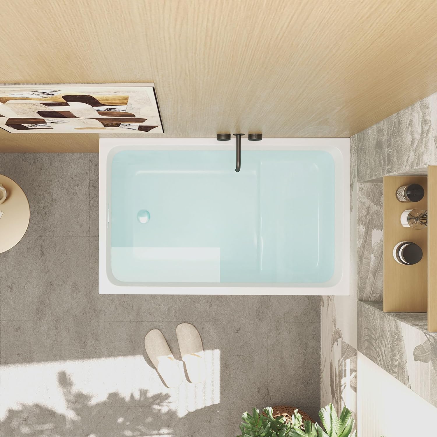 43' Freestanding Acrylic Bathtub with Seat, Spacious Rectangle Design, Premium Gloss White Finish, Chrome Overflow Drain