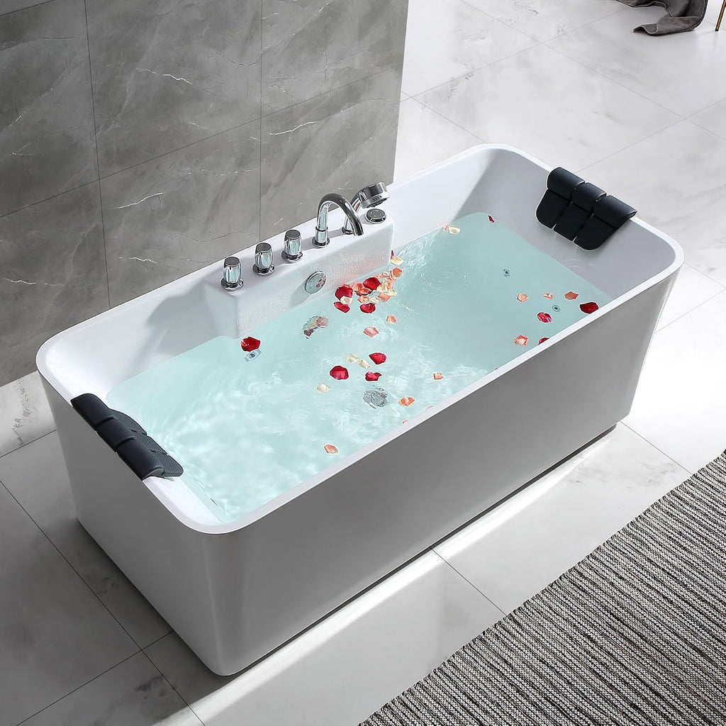 Empava 67-Inch Acrylic Freestanding Whirlpool Bathtub Gracefully Rectangular Shaped with 8 Water Jets Soaking SPA, Double-Ended Massage Bathtubs with Two Black Pillows, ETL Certified, White