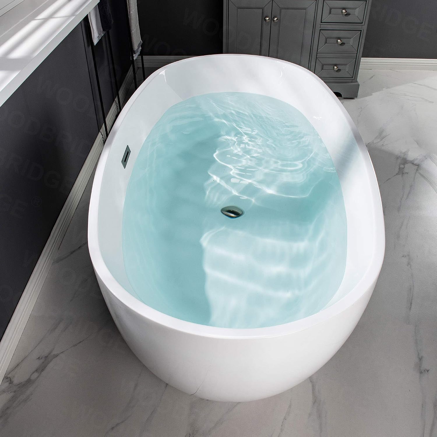 WOODBRIDGE 59'Freestanding White Acylic Soaking Bathtub with Brushed Nickel Drain and Overflow,BTA1518 -B/N-Drain &O