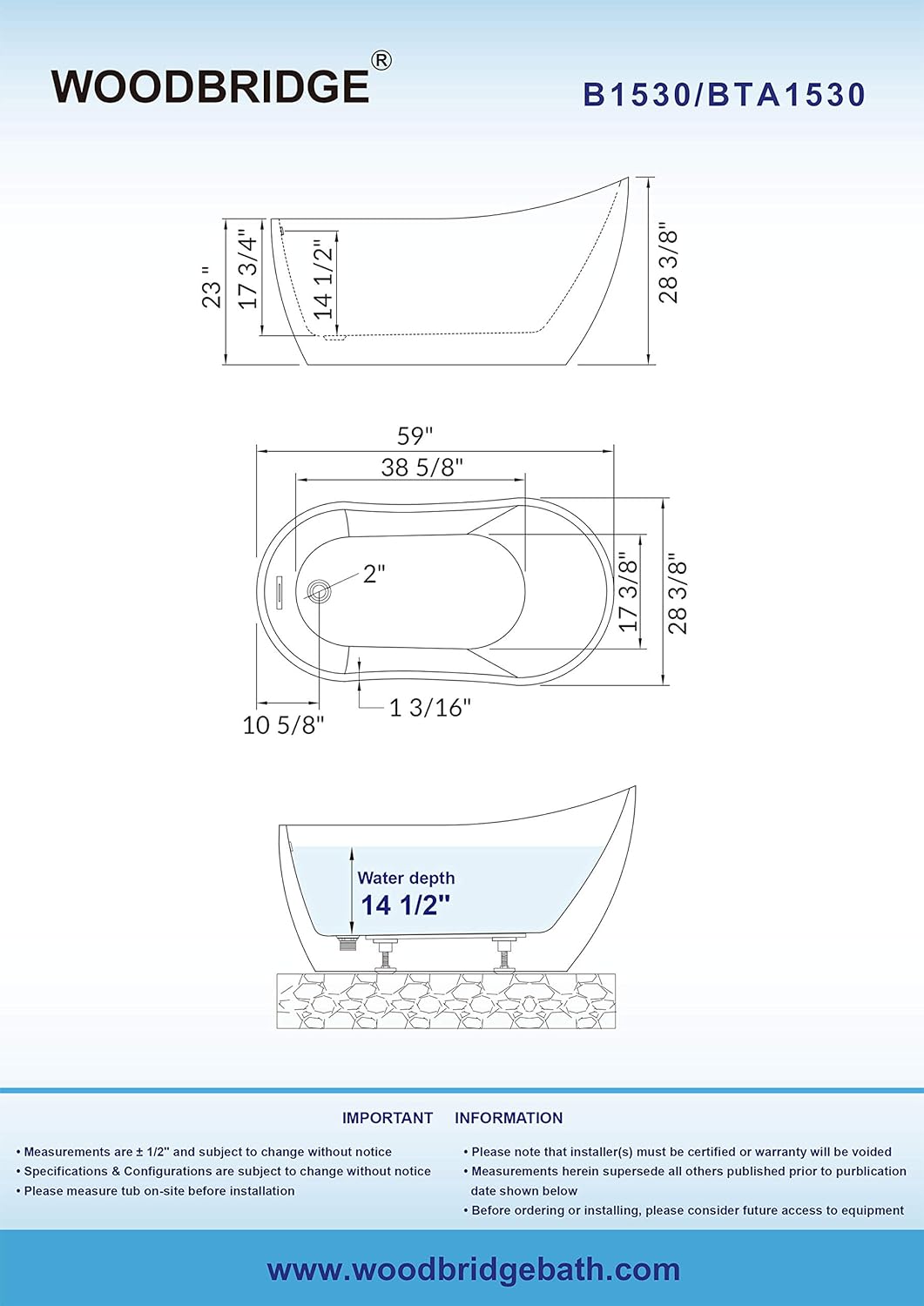 Woodbridge 59' Acrylic Freestanding Bathtub Contemporary Soaking Tub with Brushed Nickel Overflow and Drain BTA1530,With Brushed Nickel-Faucet F0001BN (BTA1530+ F-0001)