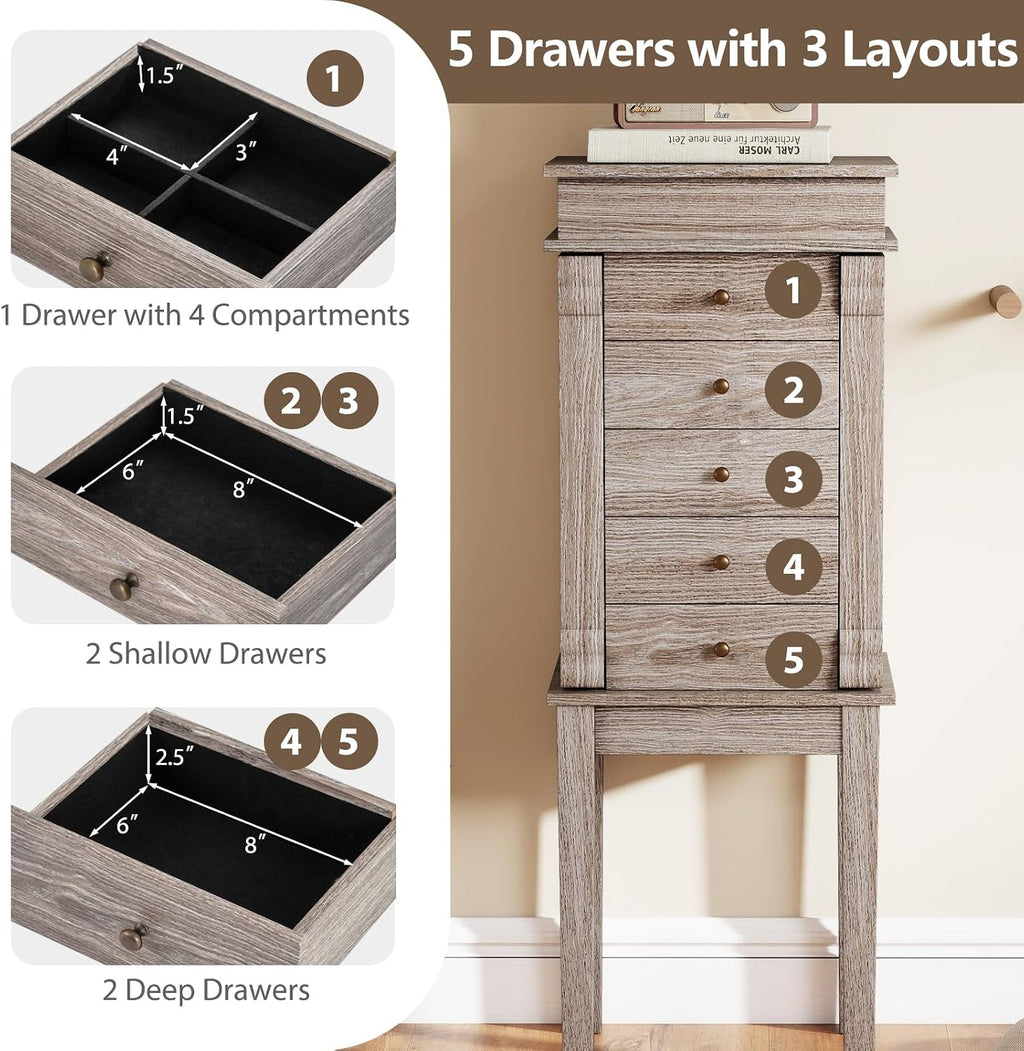 Giantex Jewelry Cabinet Armoire with Flip Top Mirror, 5 Drawers & Swing Doors, Space-Saving Jewelry Organizer for Necklaces, Rings, Bracelets, Watches, Velvet Lined, Light Gray Oak