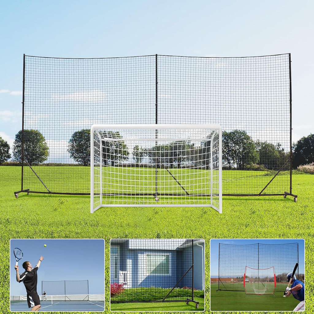 Ball Stop Net System with Wheels Movable Socketed Ball Stop Net Sports Netting Backyard 10FT to 12FT High Backstop Net for Barrier with Post from 10FT to 30FT Wide