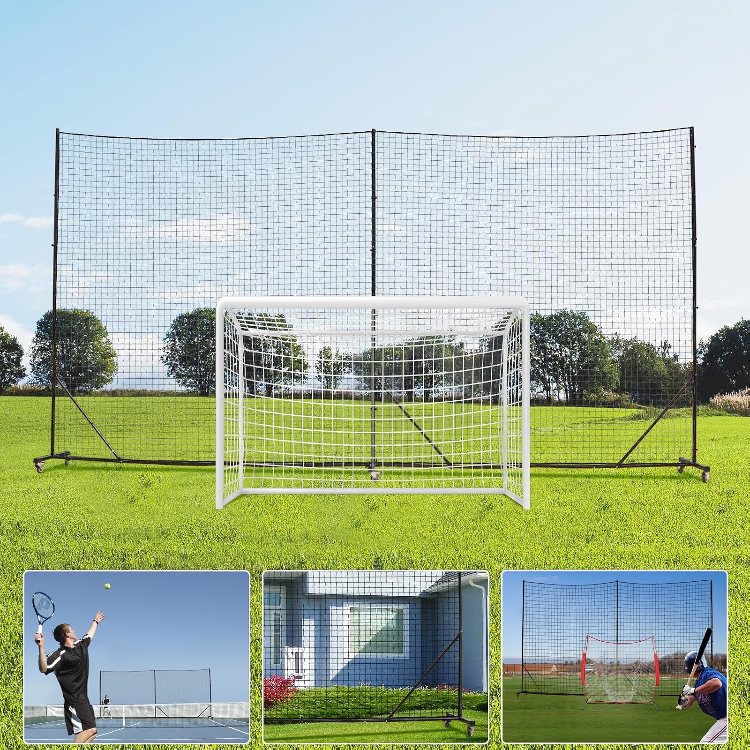 Ball Stop Net System with Wheels Movable Socketed Ball Stop Net Sports Netting Backyard 10FT to 12FT High Backstop Net for Barrier with Post from 10FT to 30FT Wide