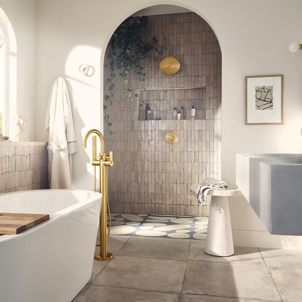 Moen Cia Brushed Gold One Handle Freestanding Floor Mount Tub Filler with Handshower, 615BG