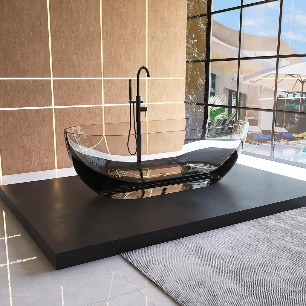 69' Freestanding Solid Surface Resin Stone Bathtub, Modern Design Stand Alone Tub with Drain, Transparent Gray 307TG1750