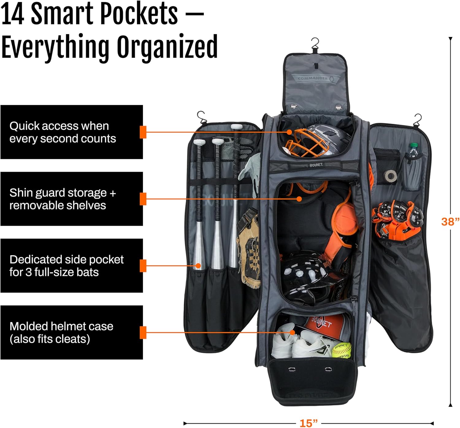 Bownet Commander Rolling Catcher's Gear Bag with Wheels – Baseball & Softball Equipment Bag for Travel Ball, Youth & Adult, 14 Pockets, Molded Helmet Case, Airline Approved