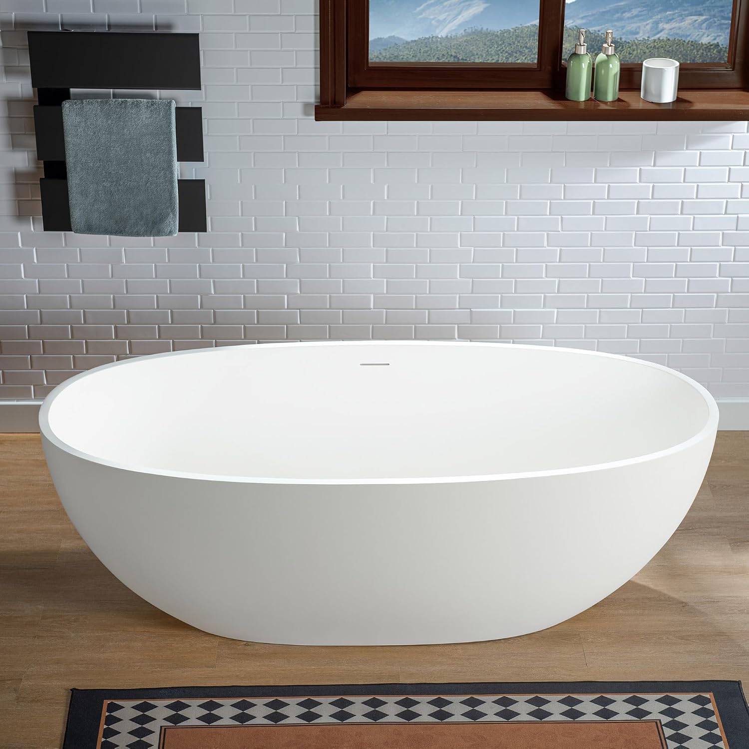WOODBRIDGE 67' Stone Resin Freestanding Soaking Tub, Modern Oval Solid Surface Bathtub with Integrated Slotted Overflow & Drain, Matte White