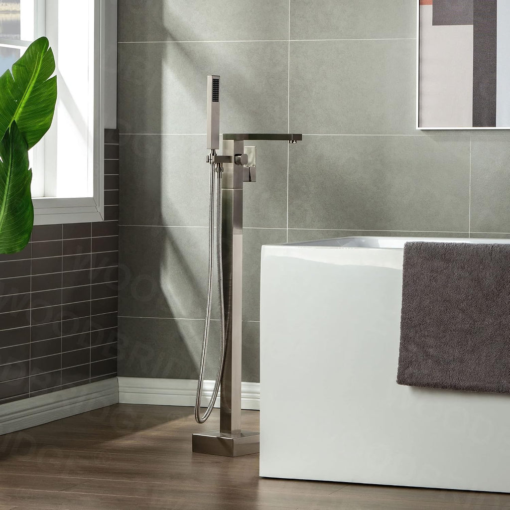 Woodbridge Brushed Nickel Freestanding Tub Filler Single Handle Floor Mounted Faucets with Handheld Shower. Square Design