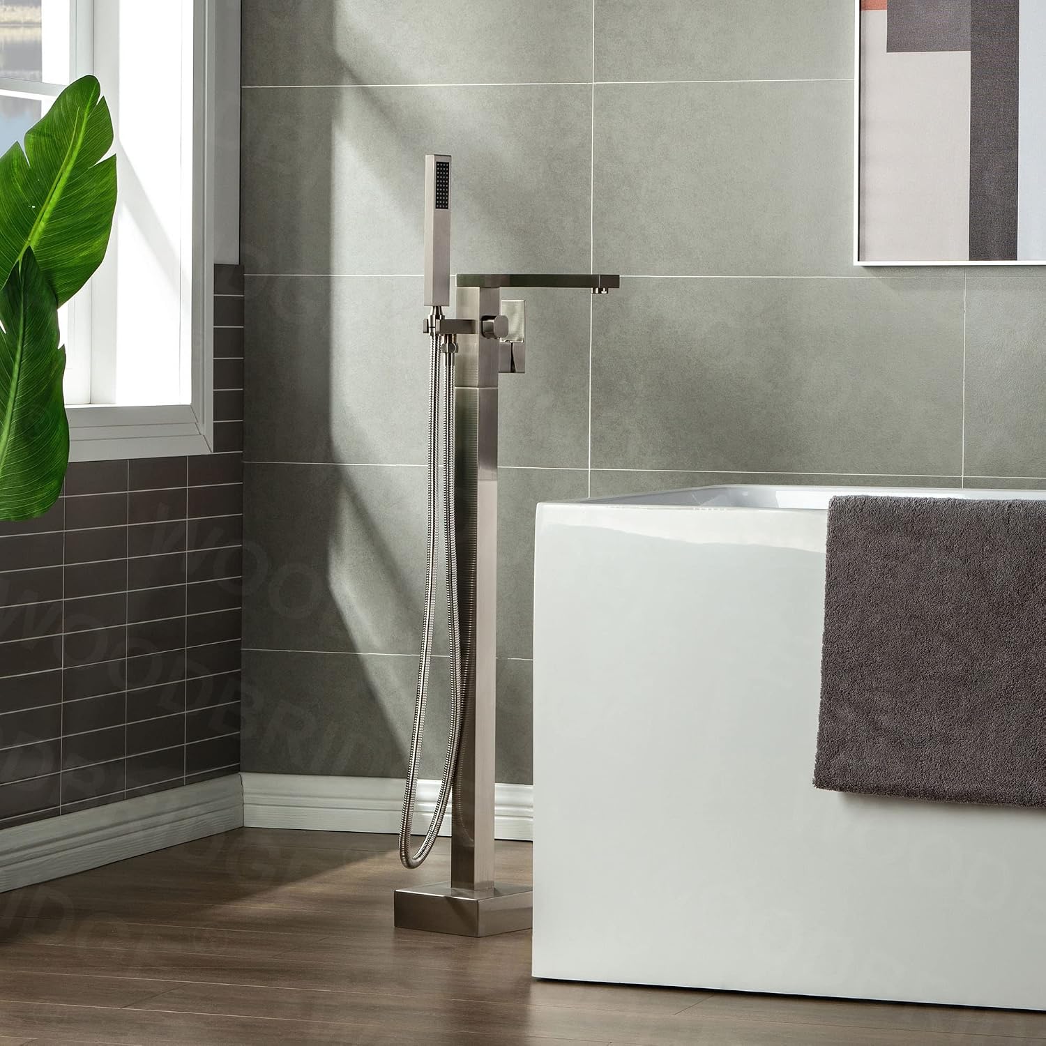 Woodbridge Brushed Nickel Freestanding Tub Filler Single Handle Floor Mounted Faucets with Handheld Shower. Square Design