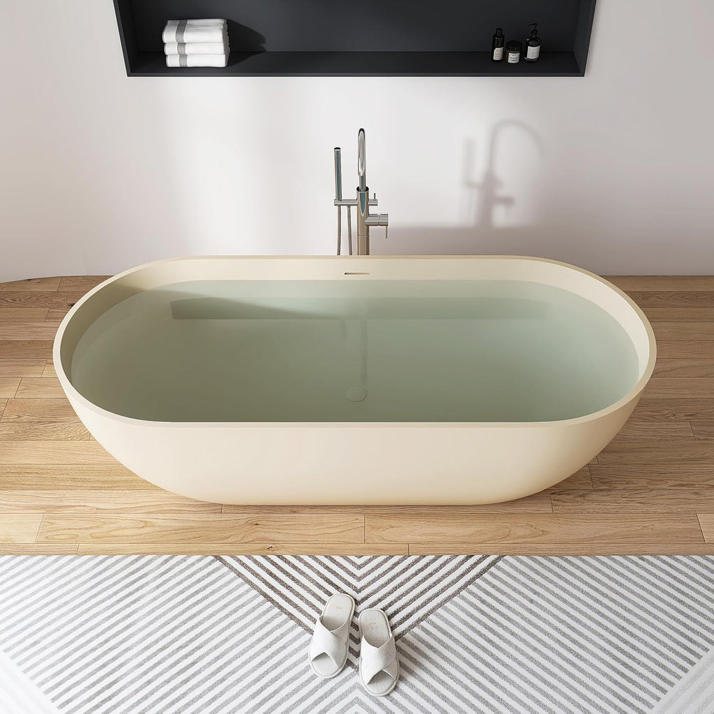 69' Freestanding Solid Surface Bathtub, Matte Cream Beige | Resin Stone, Modern Design Stand Alone Tub with Drain, Colorful Free Stand Tub