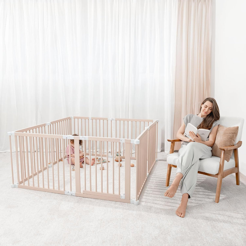 Comfy Cubs Baby Gate Playpen - 57 x 57 x 25 in, Extends Up to 228' - Pine Wood Foldable Playpen with Child-Proof Lock - Easy Assembly Baby Fence Play Area for Babies & Toddlers - Blush
