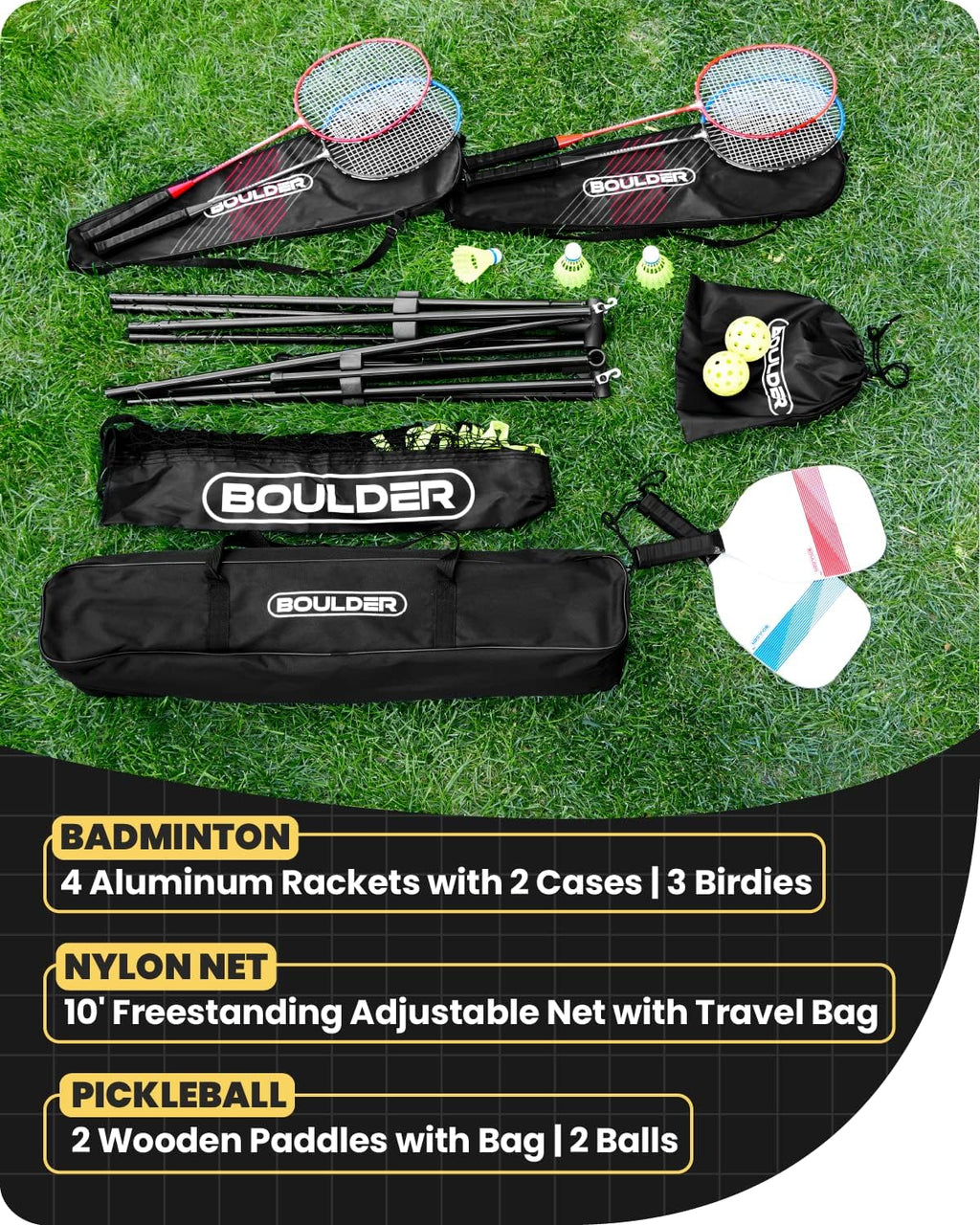 Boulder Portable Badminton Pickleball Net - Foldable/Extendable Poles for Multiple Sports Heights (UP to 5 ft) - Ideal for Tennis, Pickleball, Soccer Tennis - Easy Setup