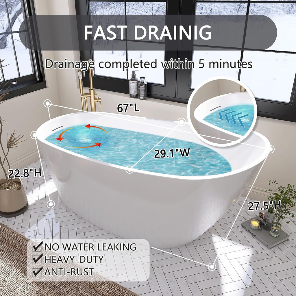 67' Free Standing Tub, Pure Acrylic Freestanding Bathtub, Stylish Stand Alone Tub, Contemporary Deep Soaking Bath Tub, cUPC Certified SY9970 (Glossy White)