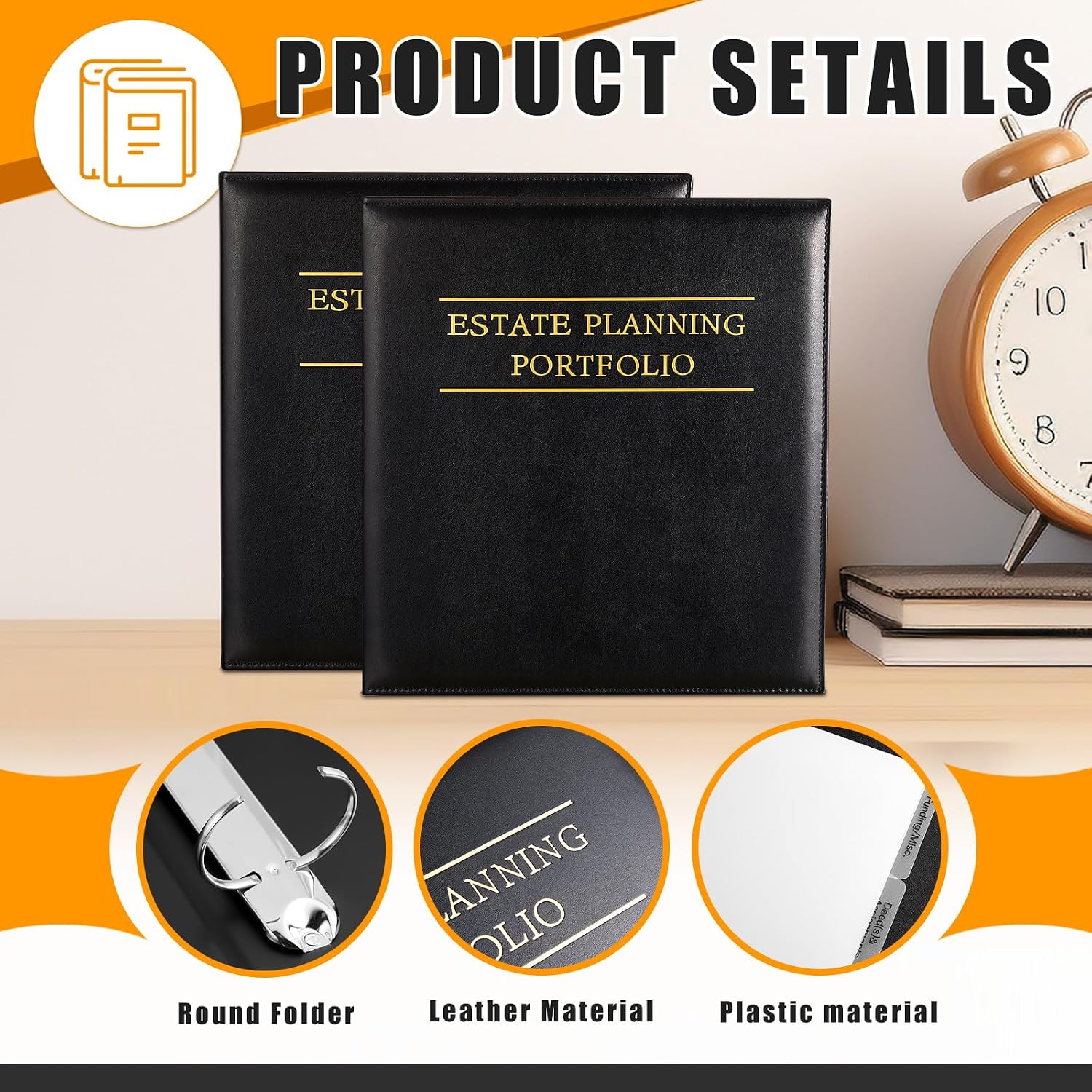 Dunzoom 20 Pcs Estate Planning Portfolio Binder PU Leather 3 Ring Binders with Gold Title and Index Tab Dividers, 11'' x 11.8'' x 2.4'' Estate Planning Organizer (Black)