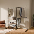 pamo Industrial Pipe Clothing Rack with Oak Shelf – 76' W x 76' H – Freestanding Metal Garment Rack for Bedroom, Walk-In Closet & Retail