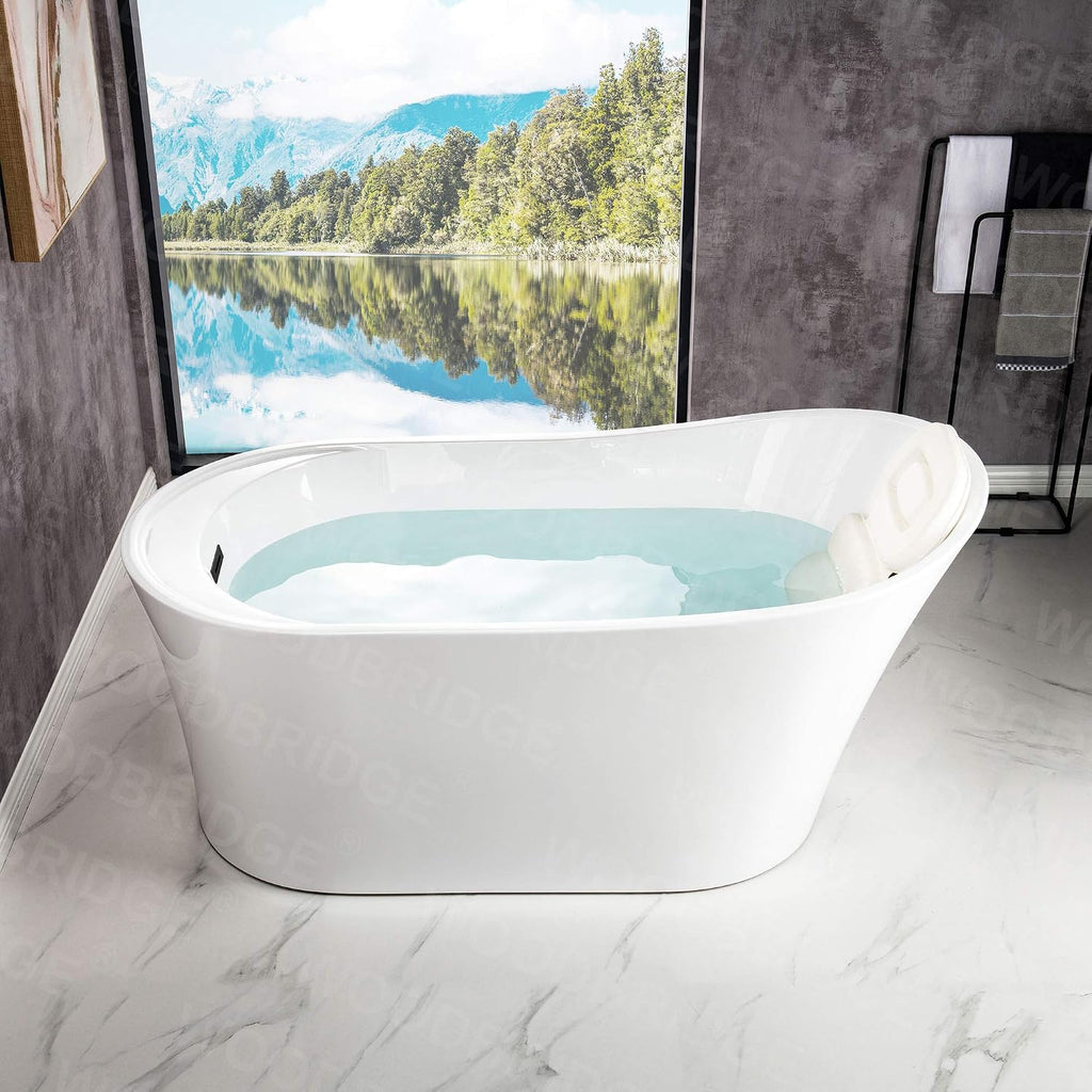 WOODBRIDGE 59' Acrylic Freestanding Bathtub Contemporary Soaking Tub with Matte Black Overflow and Drain B0083-MB-Drain &O,White