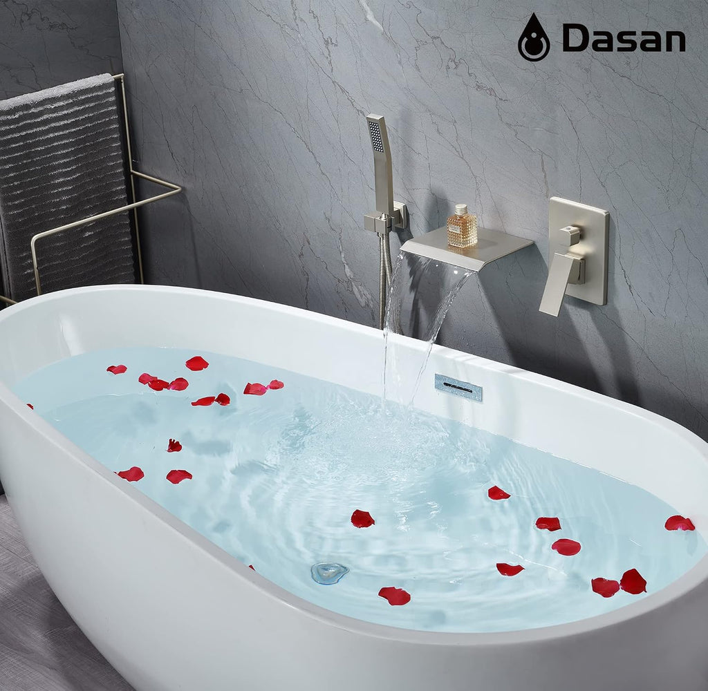 Upgraded Wall Mount Tub Filler Faucet with Handheld Shower, DASAN Modern Wall Mounted Bathtub Faucet Brushed Nickel High Flow Waterfall Tub Faucet with Rough in Valve, SA-TF04WH-BN