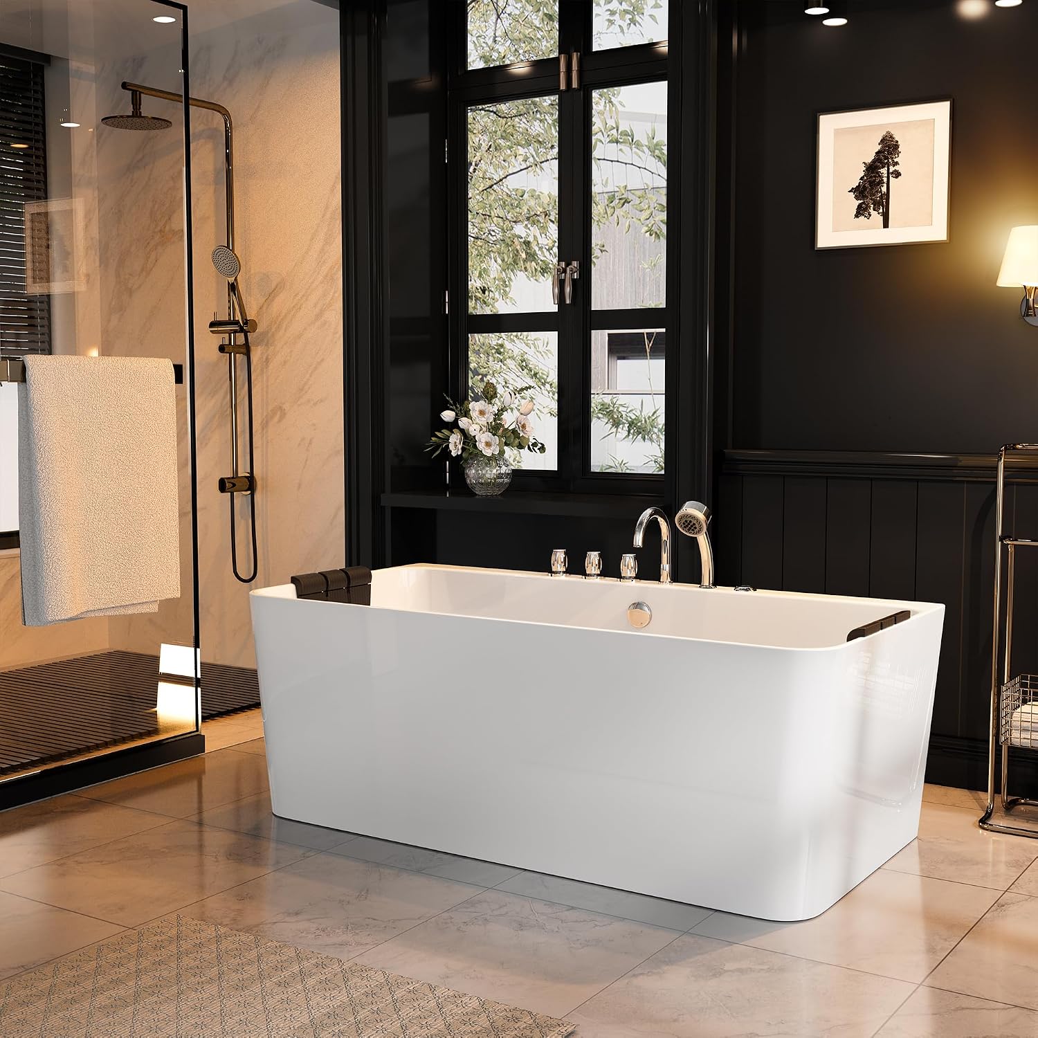 Whirlpool Bathtub 67 in. Acrylic Freestanding Bath Tub Hydromassage Gracefully Rectangle Shaped 8 Water Jets Soaking SPA, Double-Ended Massage Bathtubs with Black Pillows , White