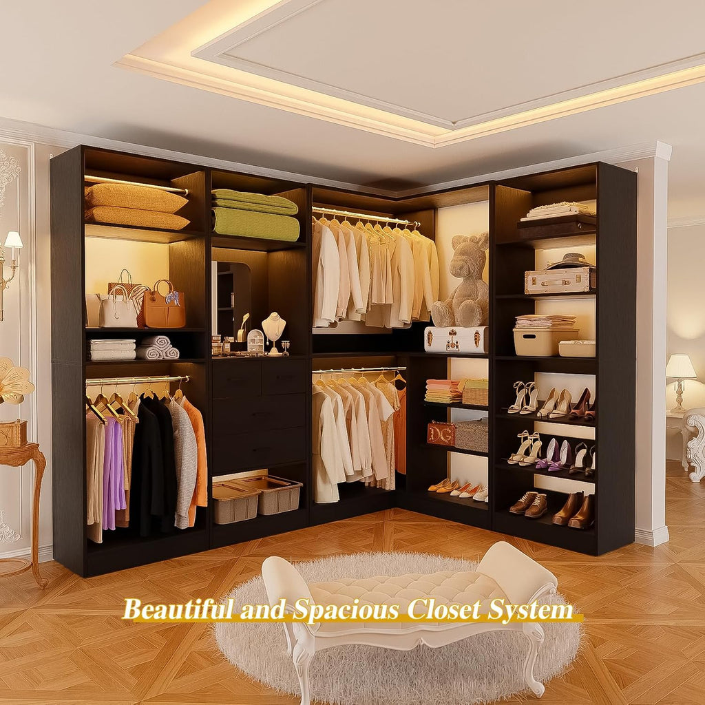 Unikito 110' Closet System with Drawers, Corner Closet Organizer with 4 Hanging Rods and Mirror Design, 9.3FT Reversible Large Wood L Shaped Walk in Closets Wardrobe with Shoe Shelves, Set of 4, Black