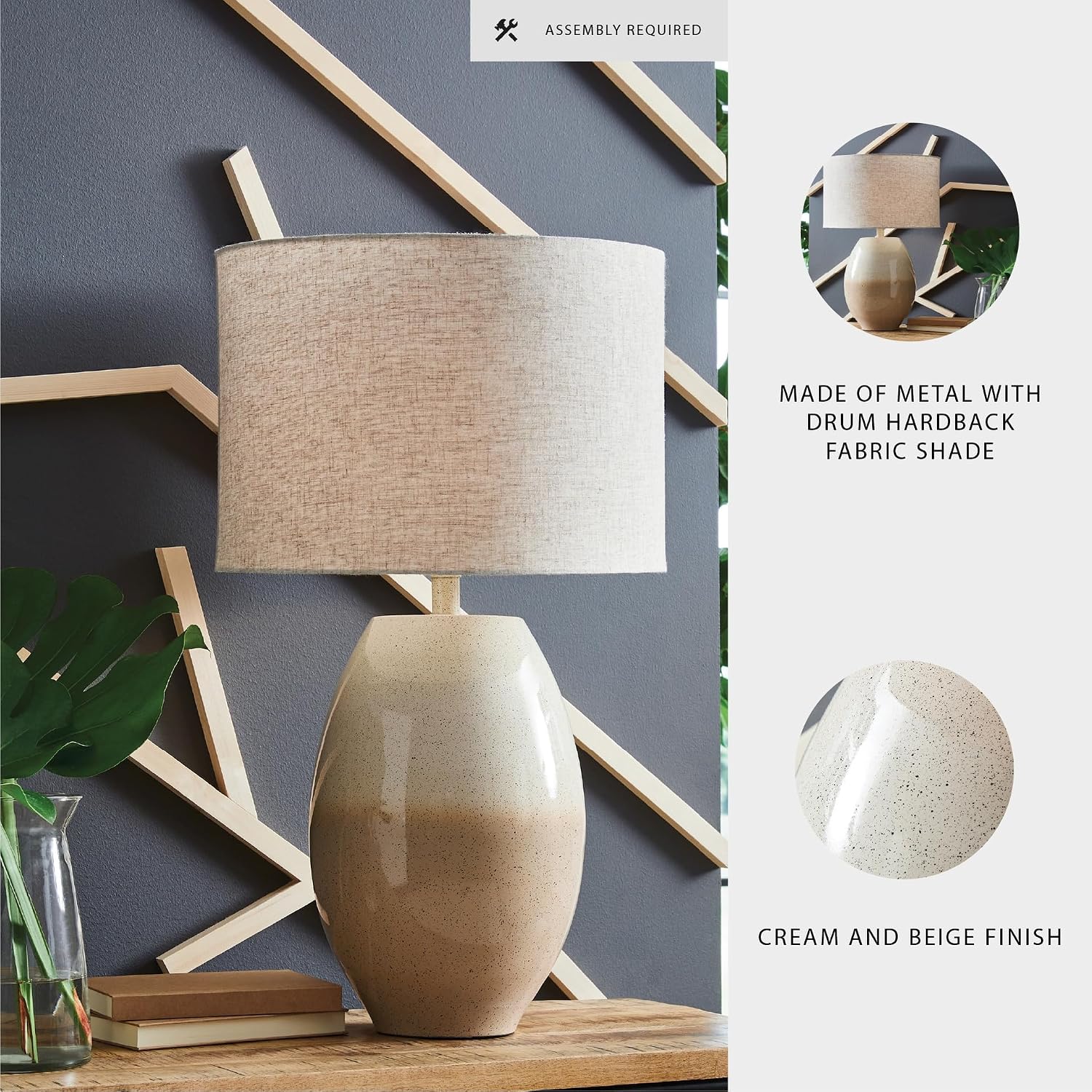 Signature Design by Ashley Linas Farmhouse Table Lamp with 3-Way Switch and Drum Shade, Beige